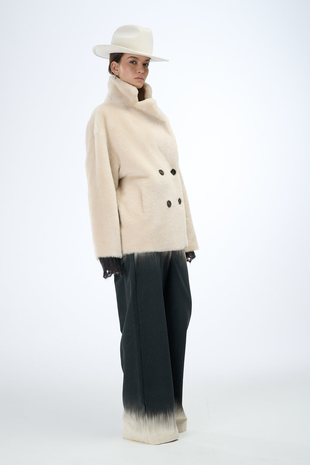 Shearling Reversible Beige Double-Breasted Jacket 70 cm