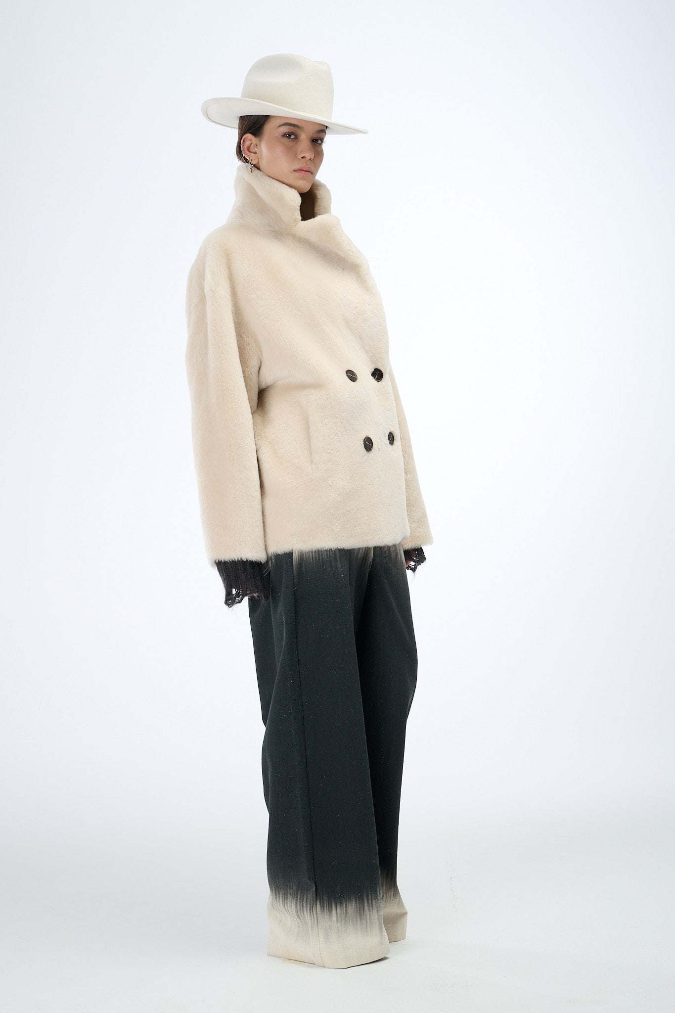 Shearling Reversible Beige Double-Breasted Jacket 70 cm
