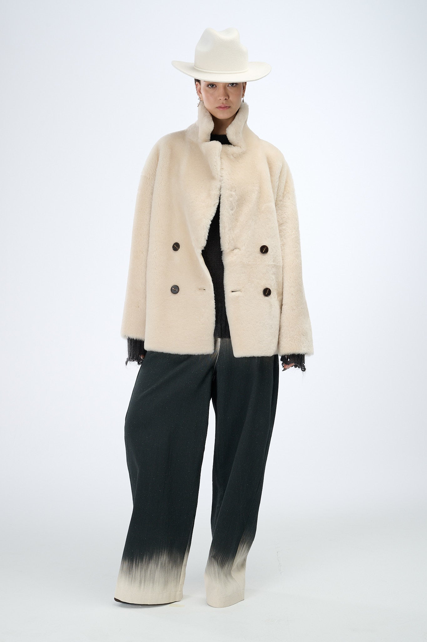 Shearling Reversible Beige Double-Breasted Jacket 70 cm