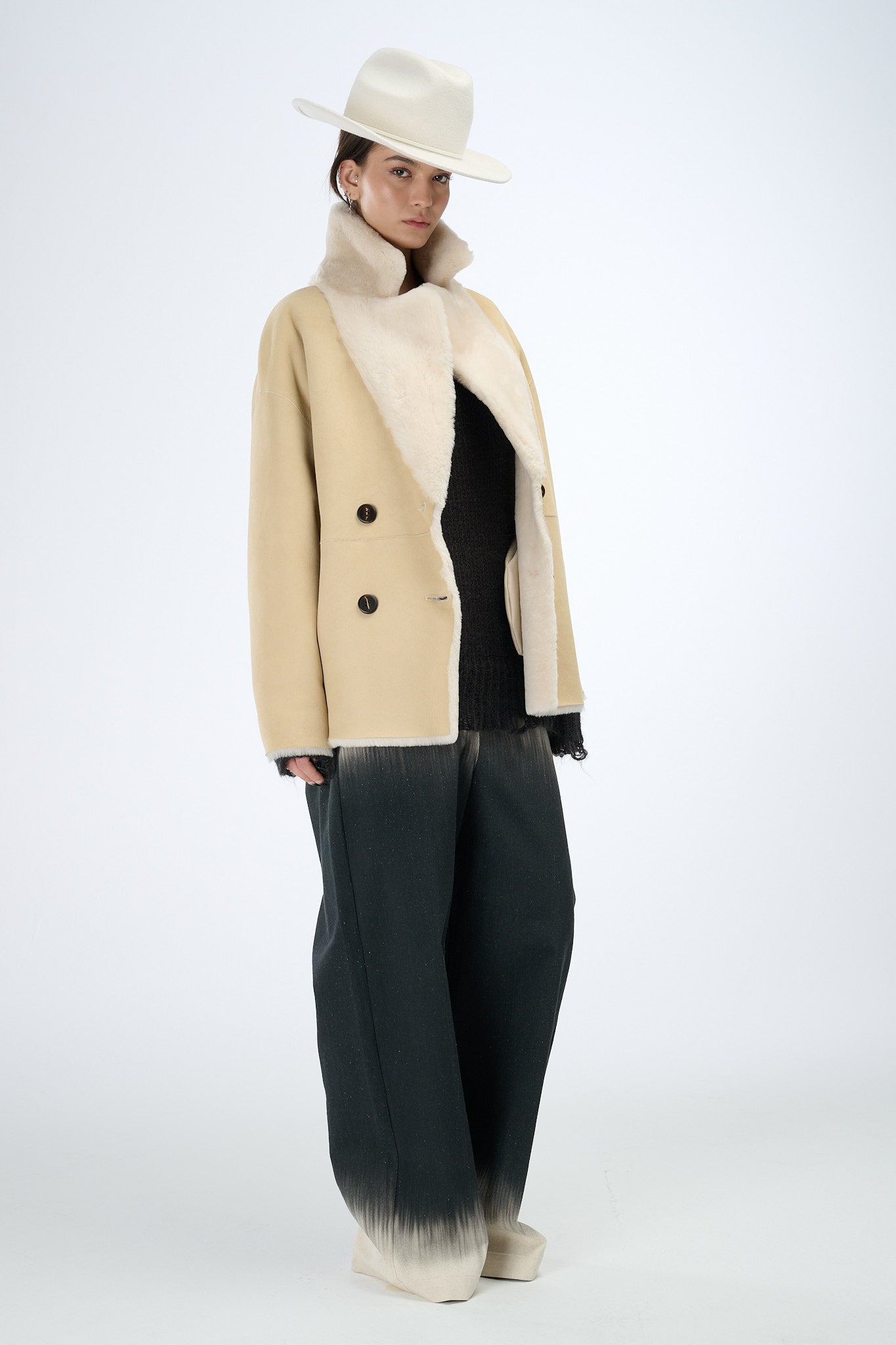 Shearling Reversible Beige Double-Breasted Jacket 70 cm