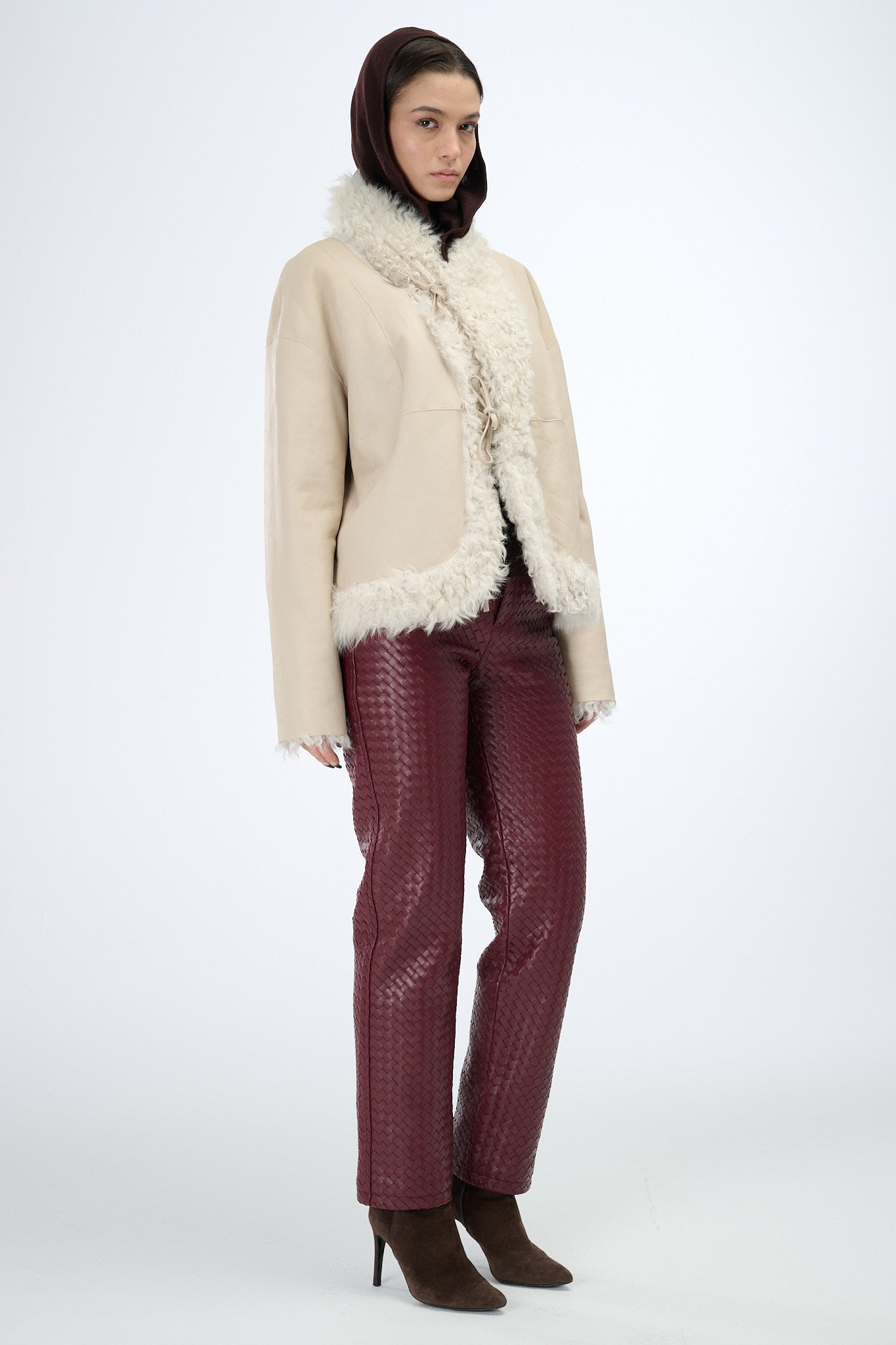 Shearling Reversible White Jacket with Strings 60 cm