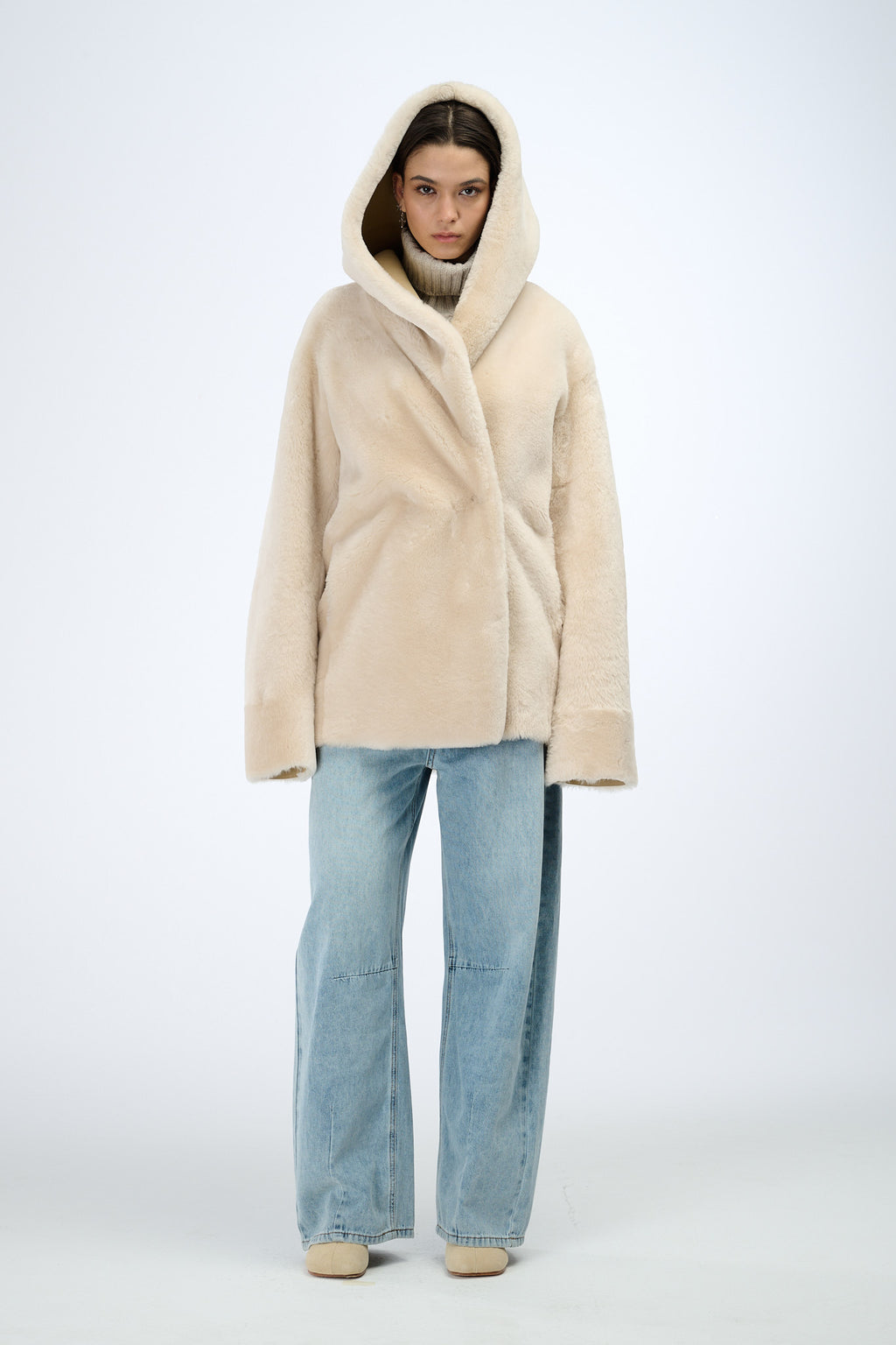 Shearling Reversible Jacket with Hood 70 cm