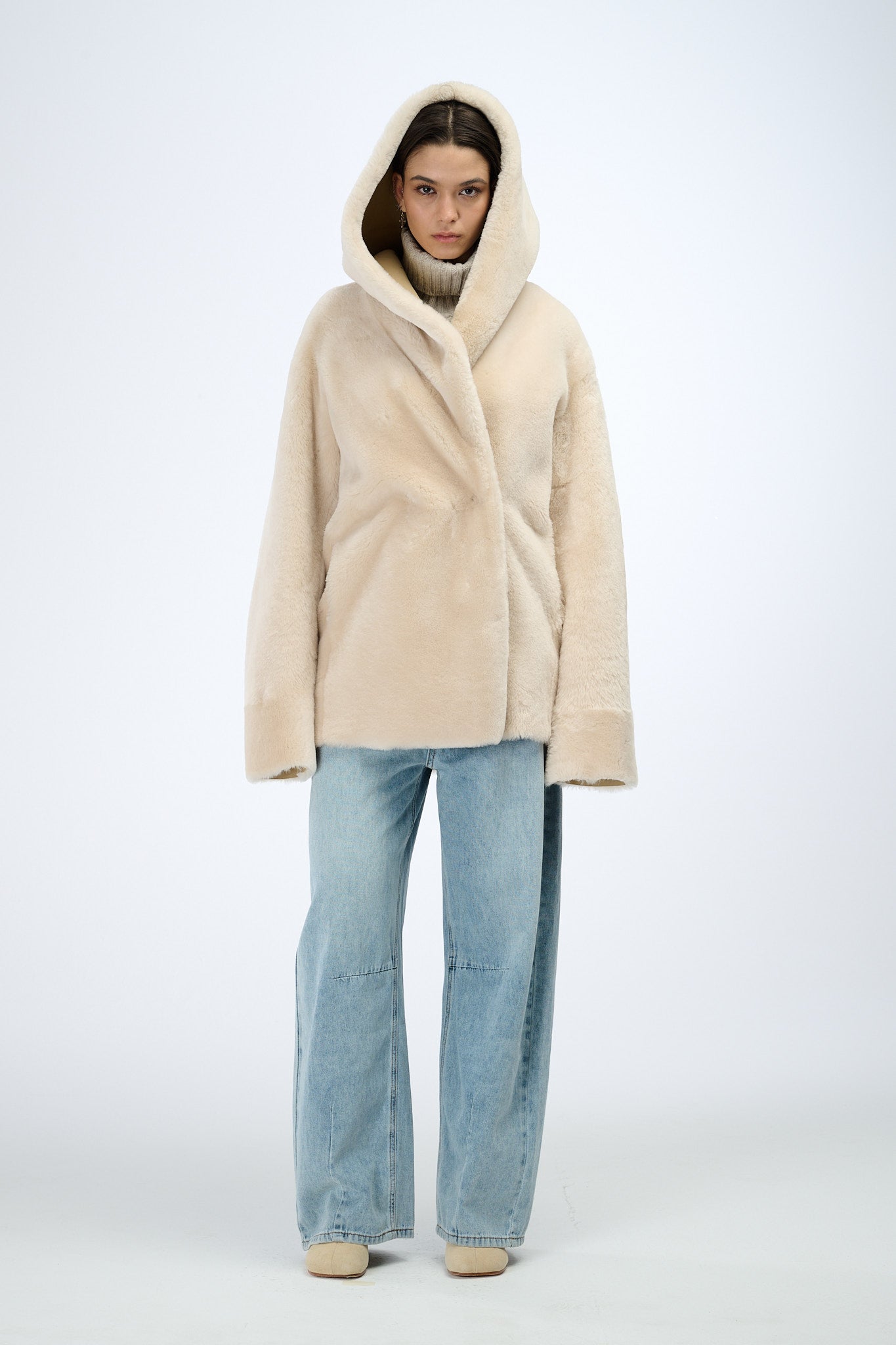 Shearling Reversible Jacket with Hood 70 cm