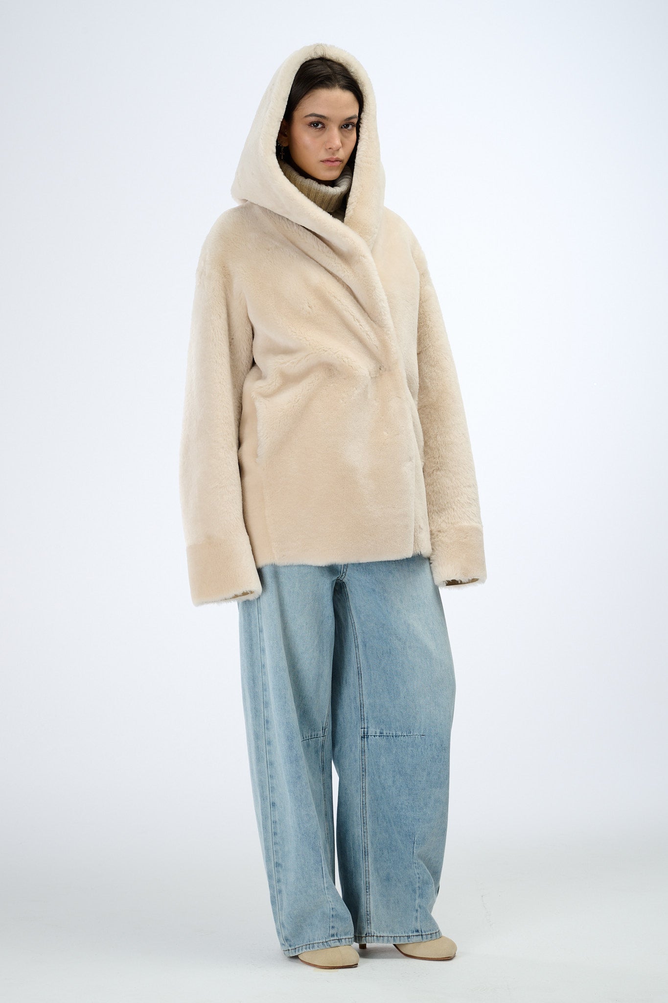 Shearling Reversible Jacket with Hood 70 cm