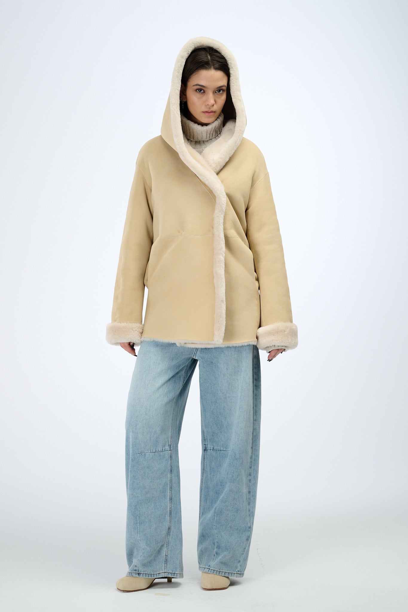 Shearling Reversible Jacket with Hood 70 cm