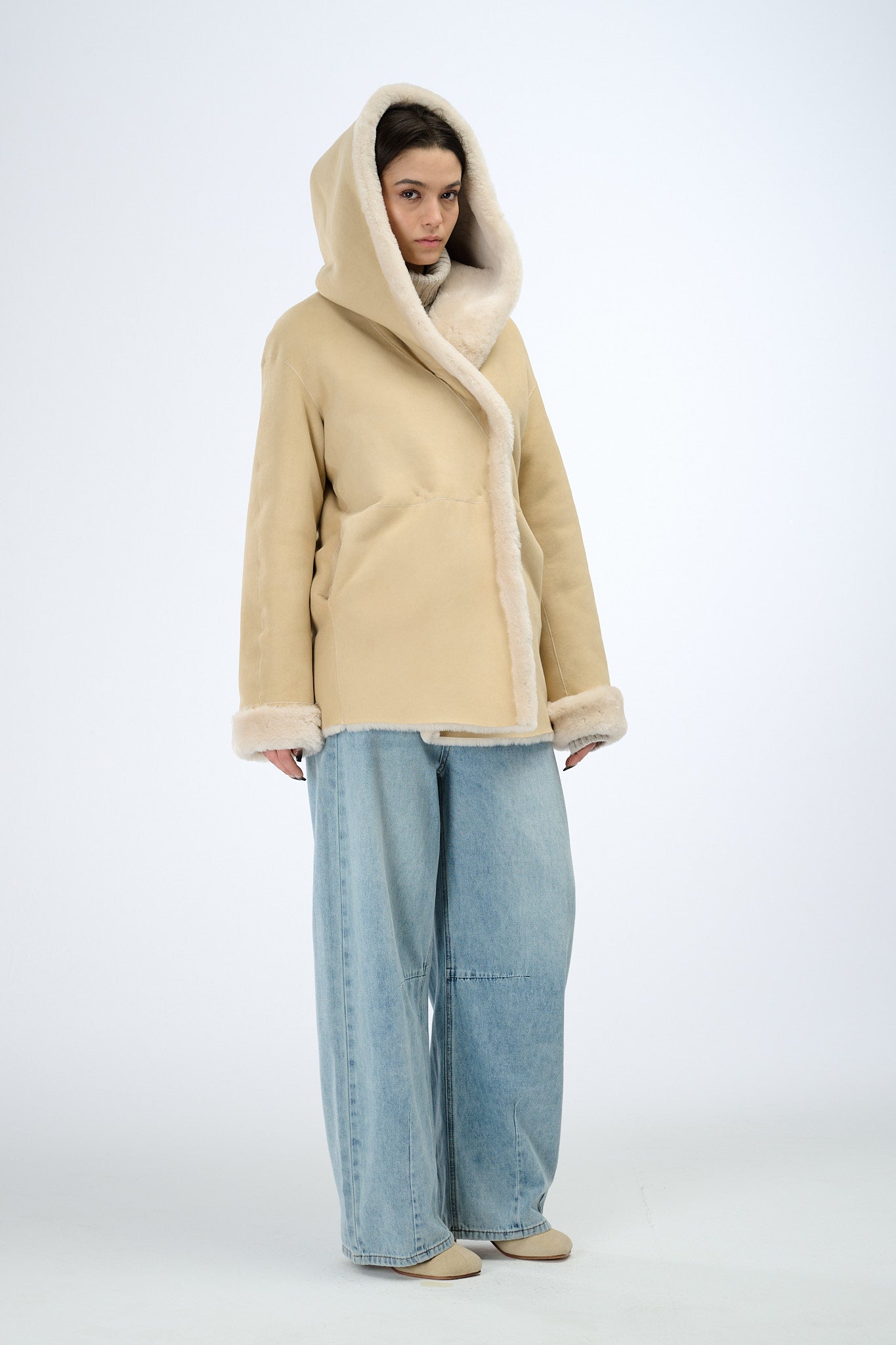 Shearling Reversible Jacket with Hood 70 cm