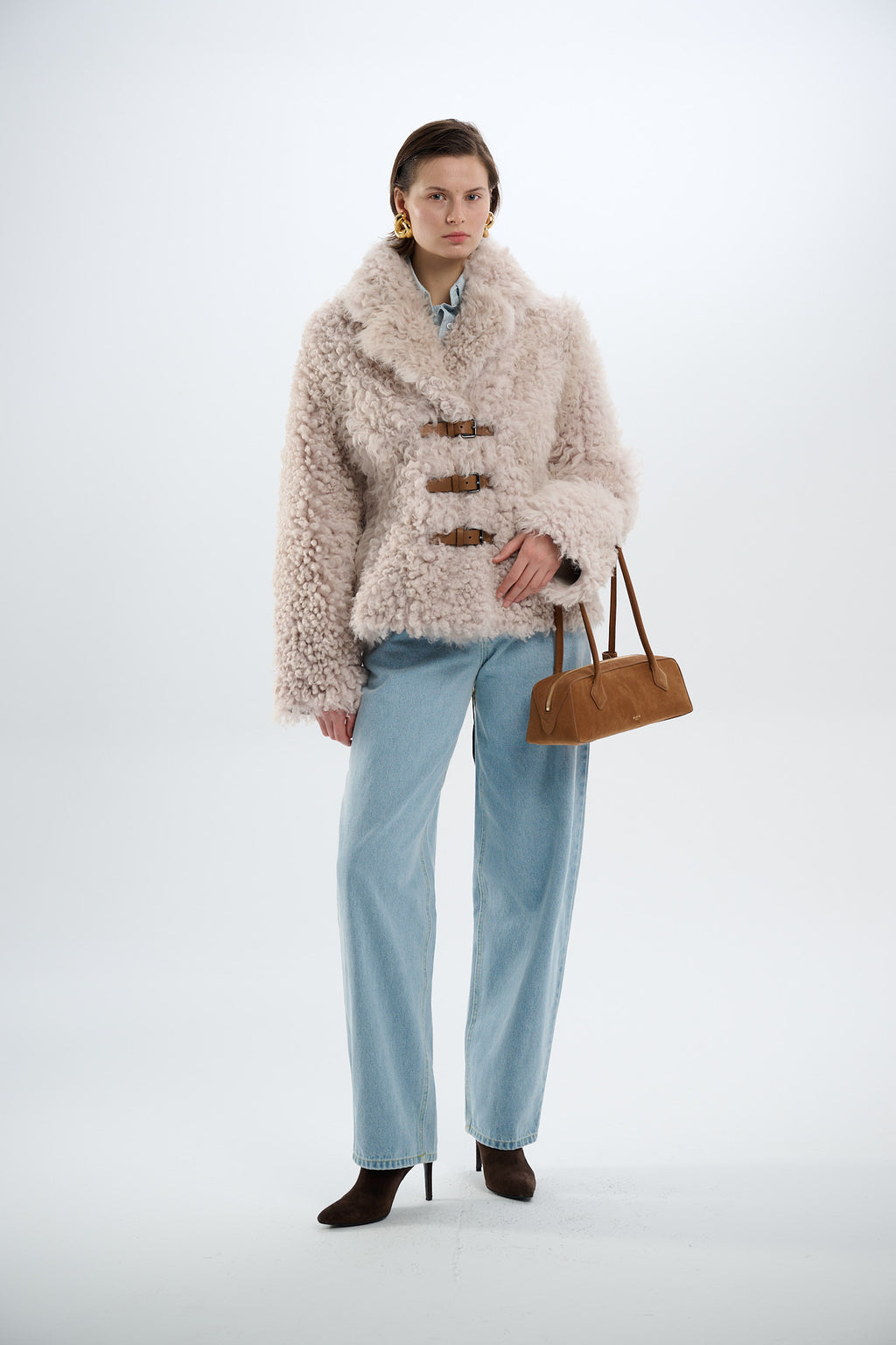 Shearling Reversible Beige Jacket with Belts 65 cm