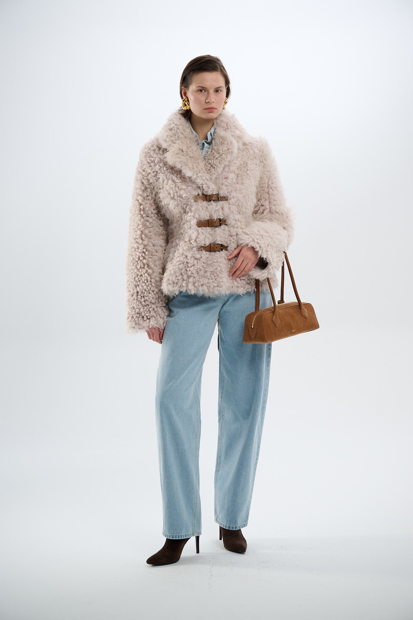 Shearling Reversible Beige Jacket with Belts 65 cm