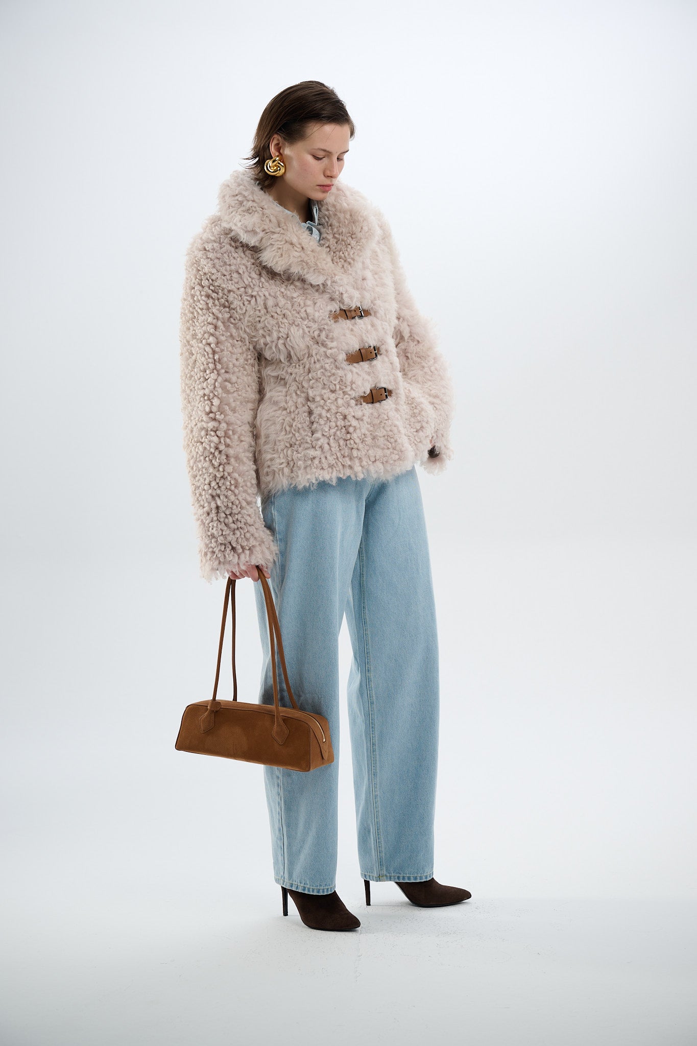 Shearling Reversible Beige Jacket with Belts 65 cm