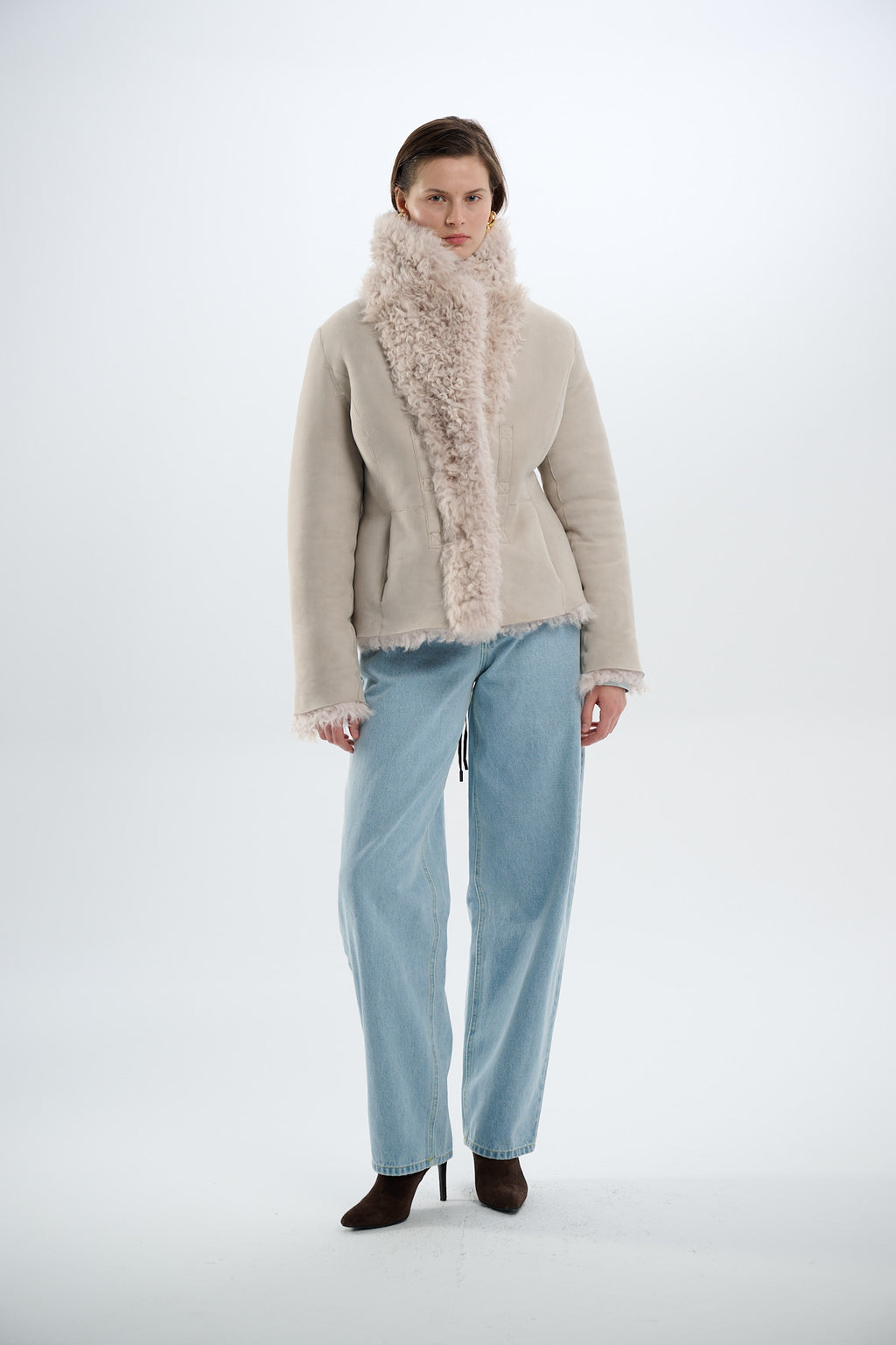 Shearling Reversible Beige Jacket with Belts 65 cm