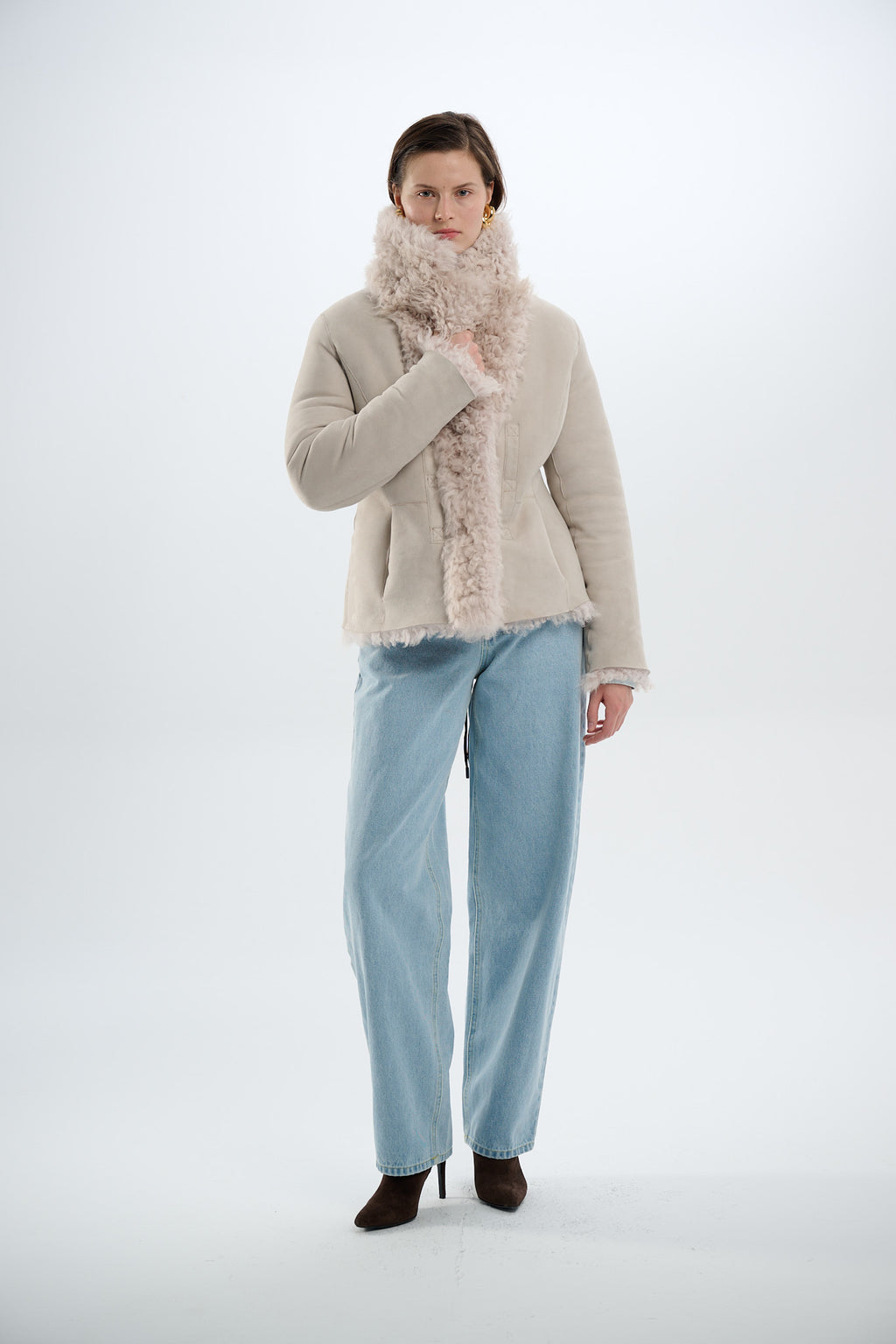Shearling Reversible Beige Jacket with Belts 65 cm
