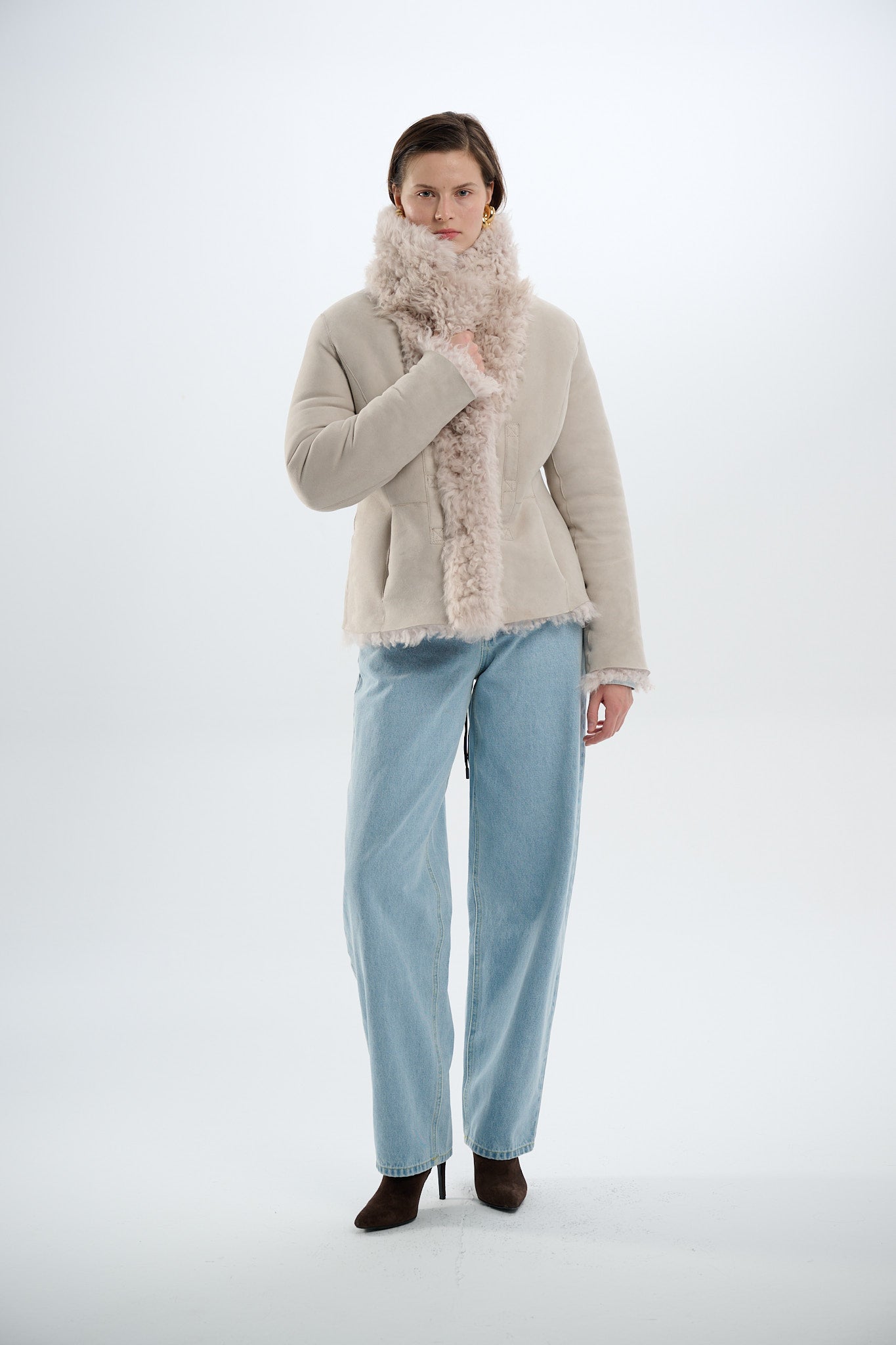 Shearling Reversible Beige Jacket with Belts 65 cm