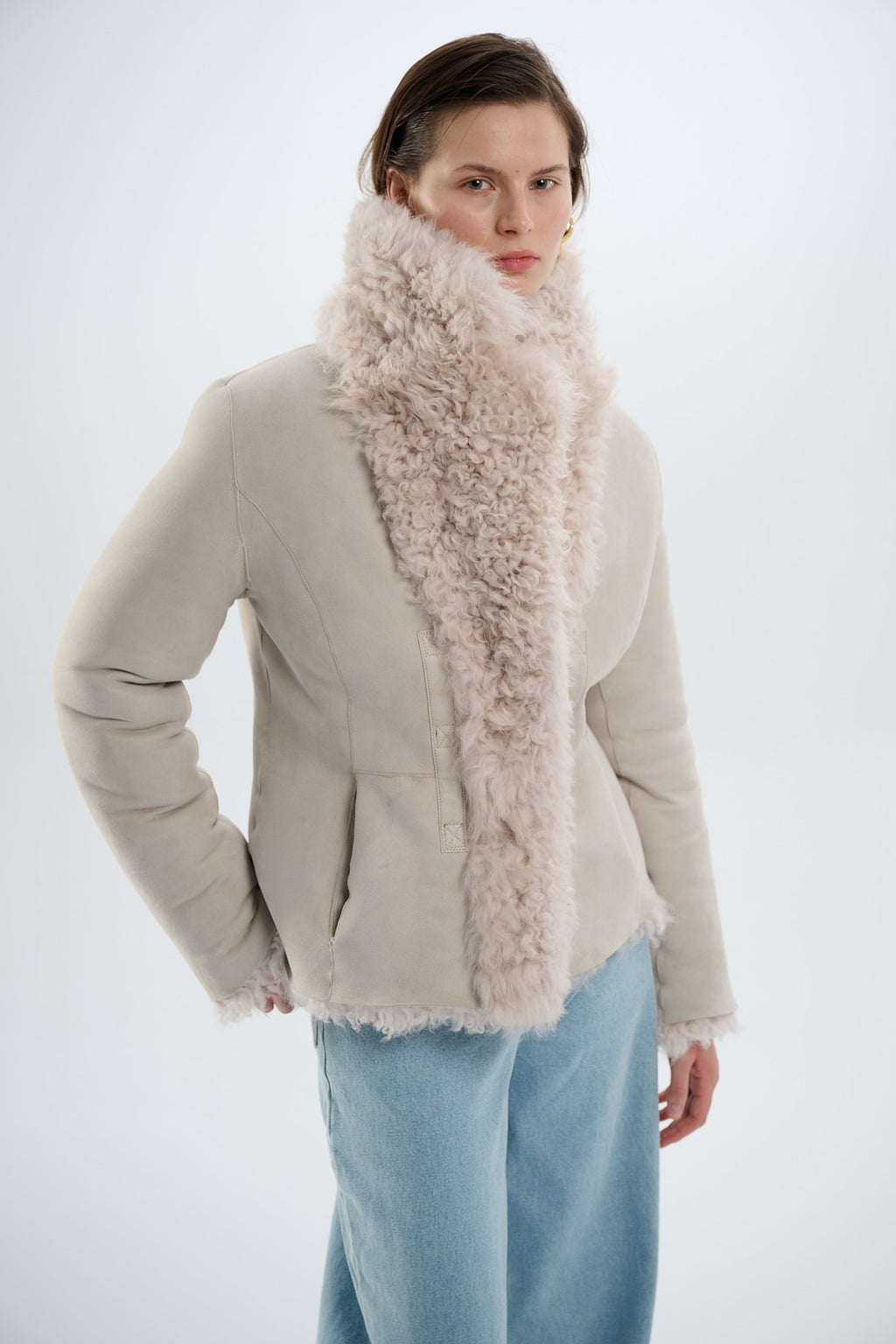 Shearling Reversible Beige Jacket with Belts 65 cm