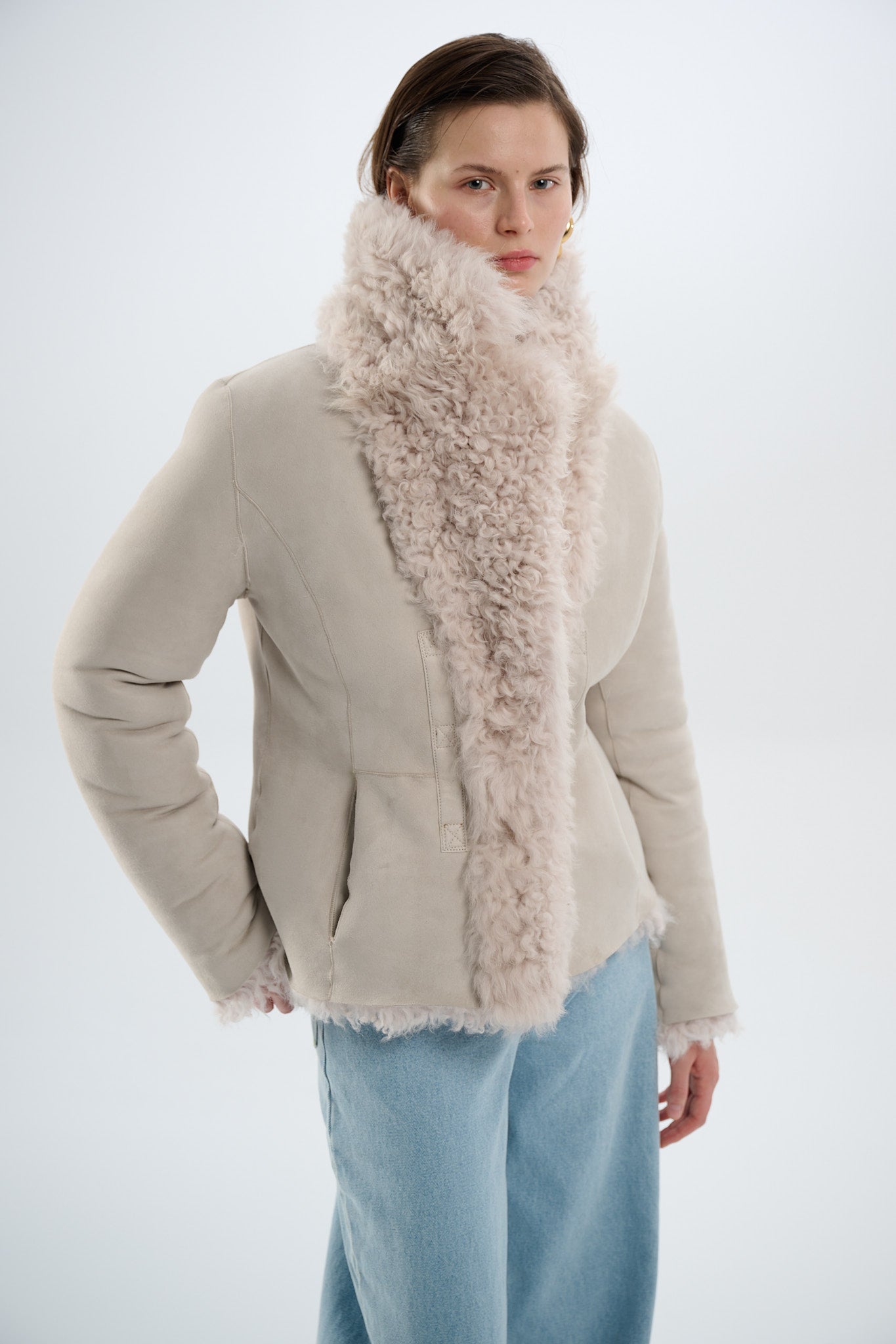 Shearling Reversible Beige Jacket with Belts 65 cm