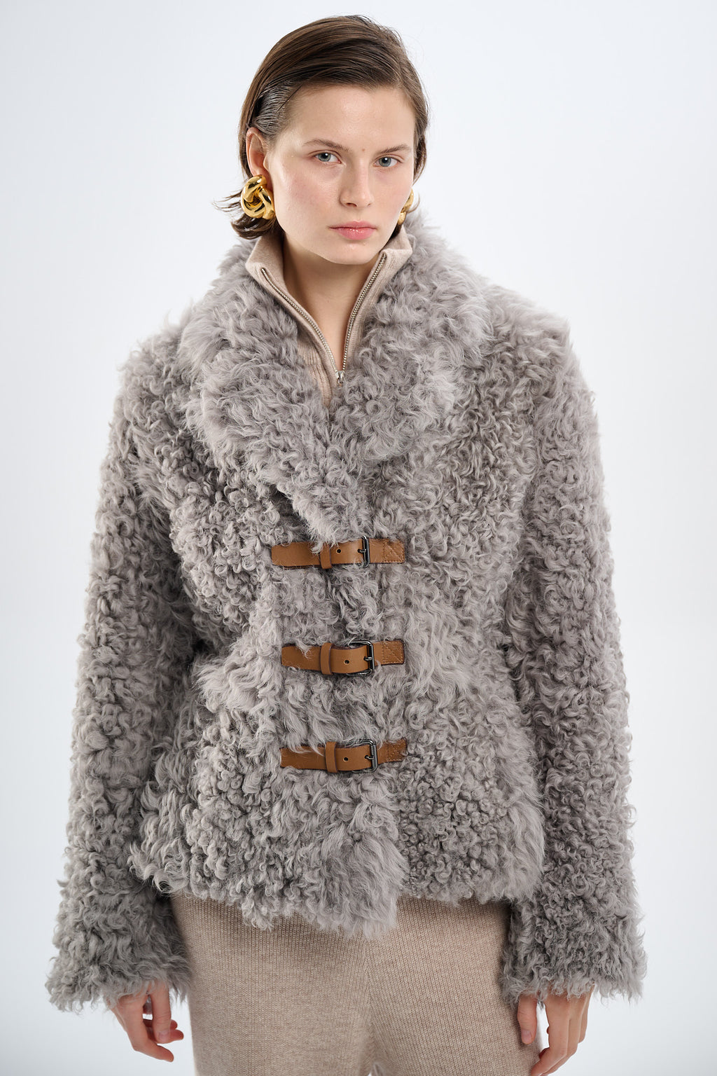 Shearling Reversible Grey Jacket with Belts 65 cm