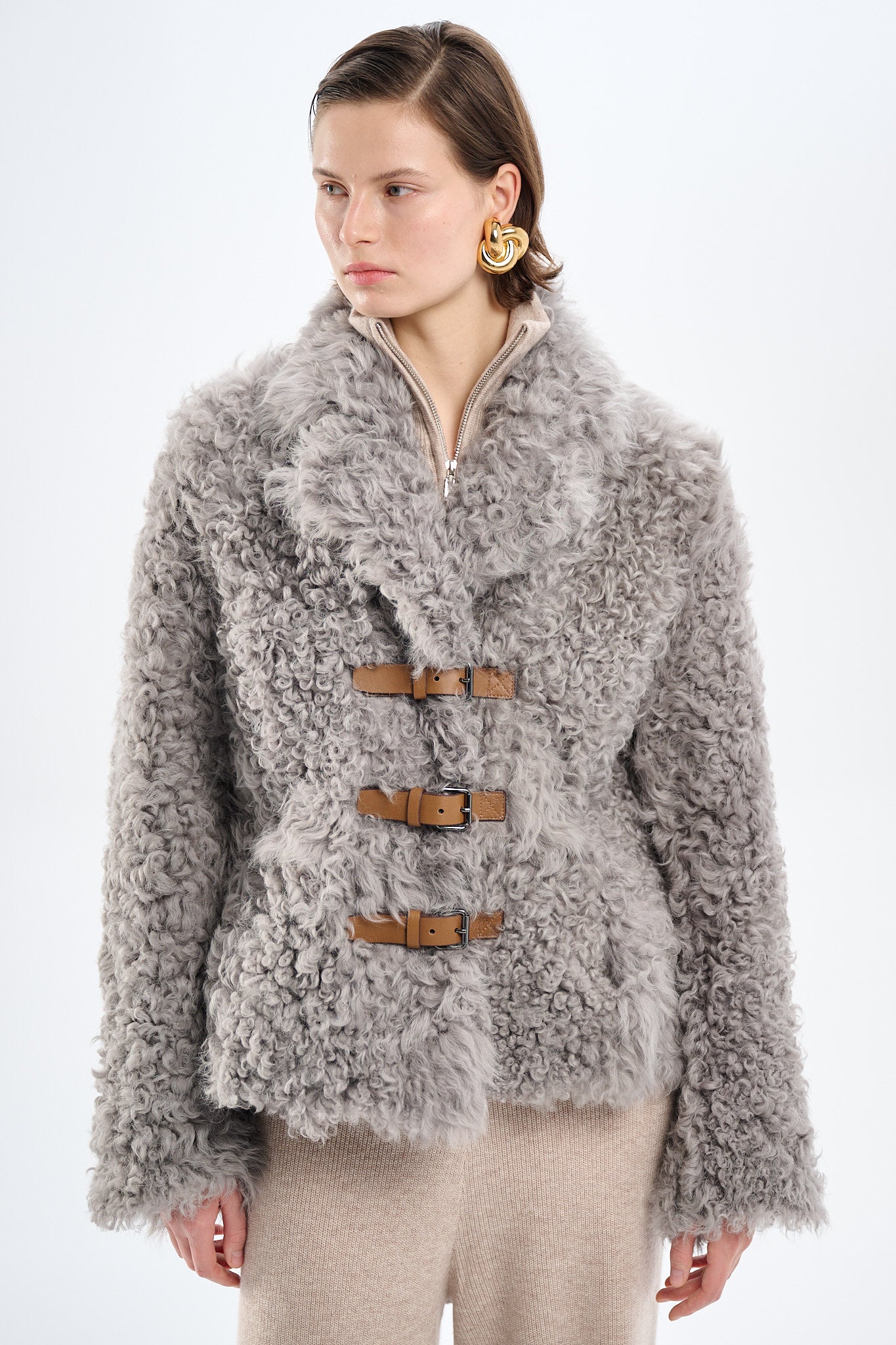 Shearling Reversible Grey Jacket with Belts 65 cm