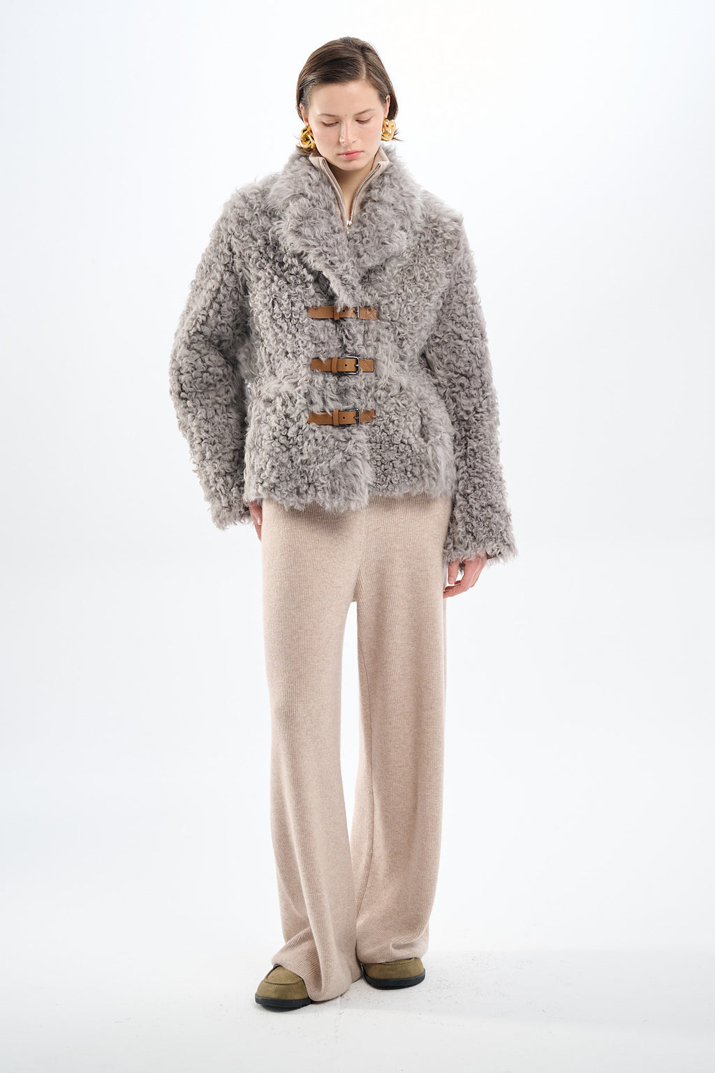 Shearling Reversible Grey Jacket with Belts 65 cm