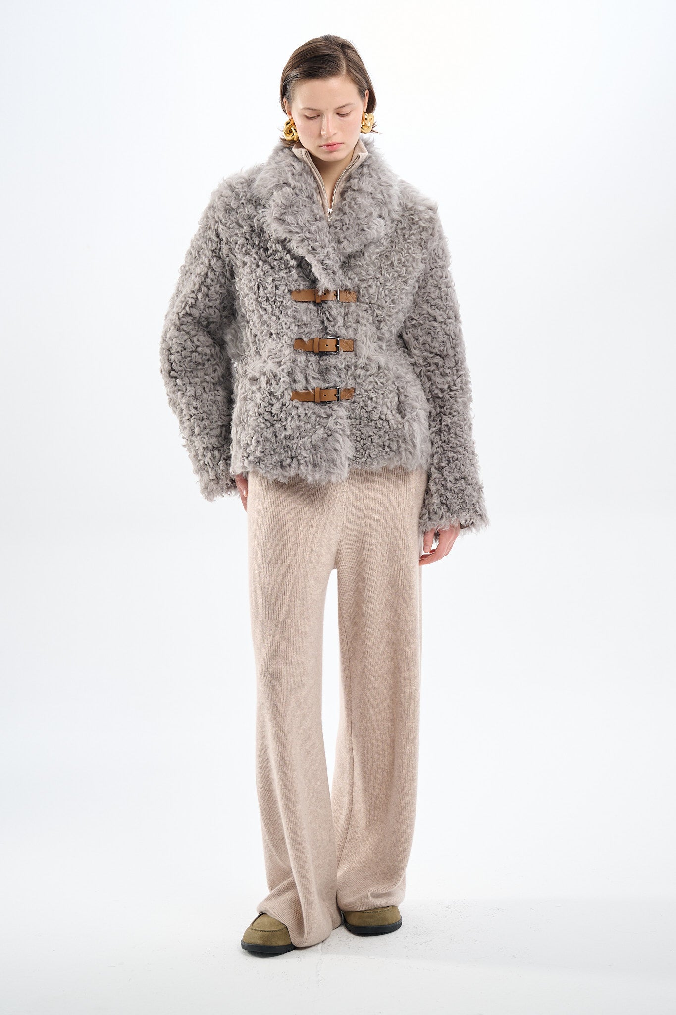 Shearling Reversible Grey Jacket with Belts 65 cm