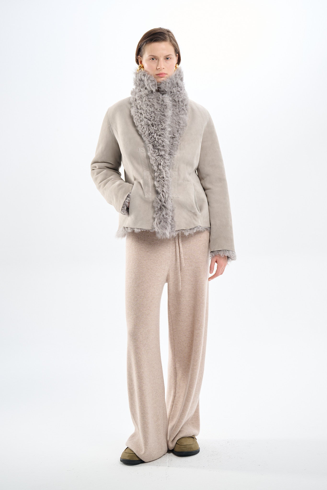 Shearling Reversible Grey Jacket with Belts 65 cm