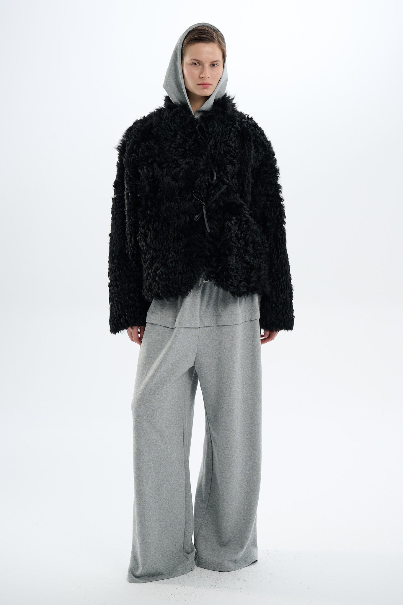 Shearling Reversible Black Jacket with Strings 60 cm