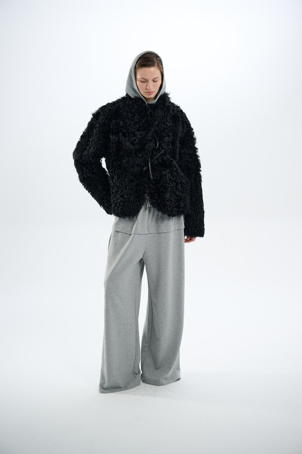 Shearling Reversible Black Jacket with Strings 60 cm