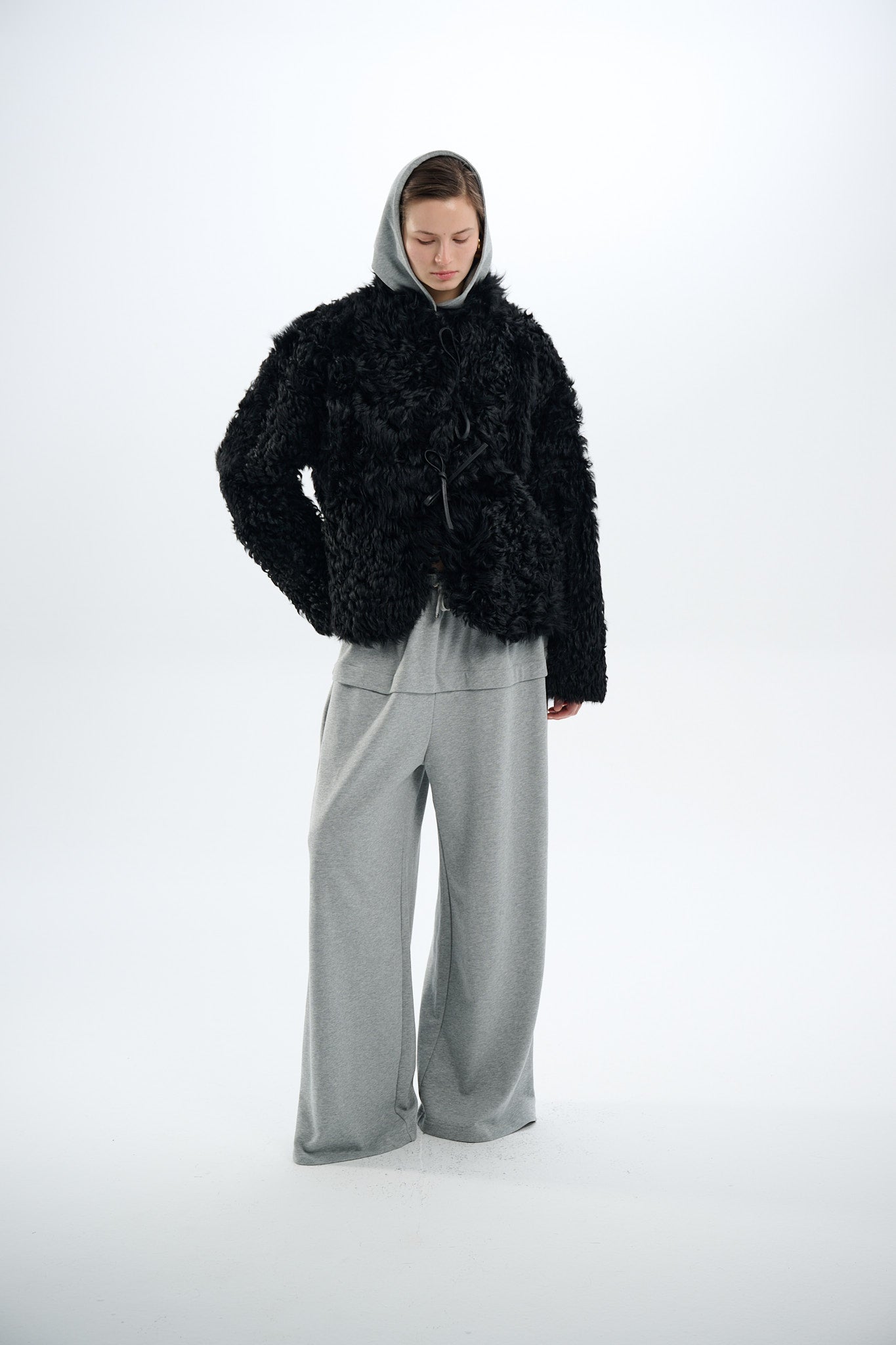 Shearling Reversible Black Jacket with Strings 60 cm