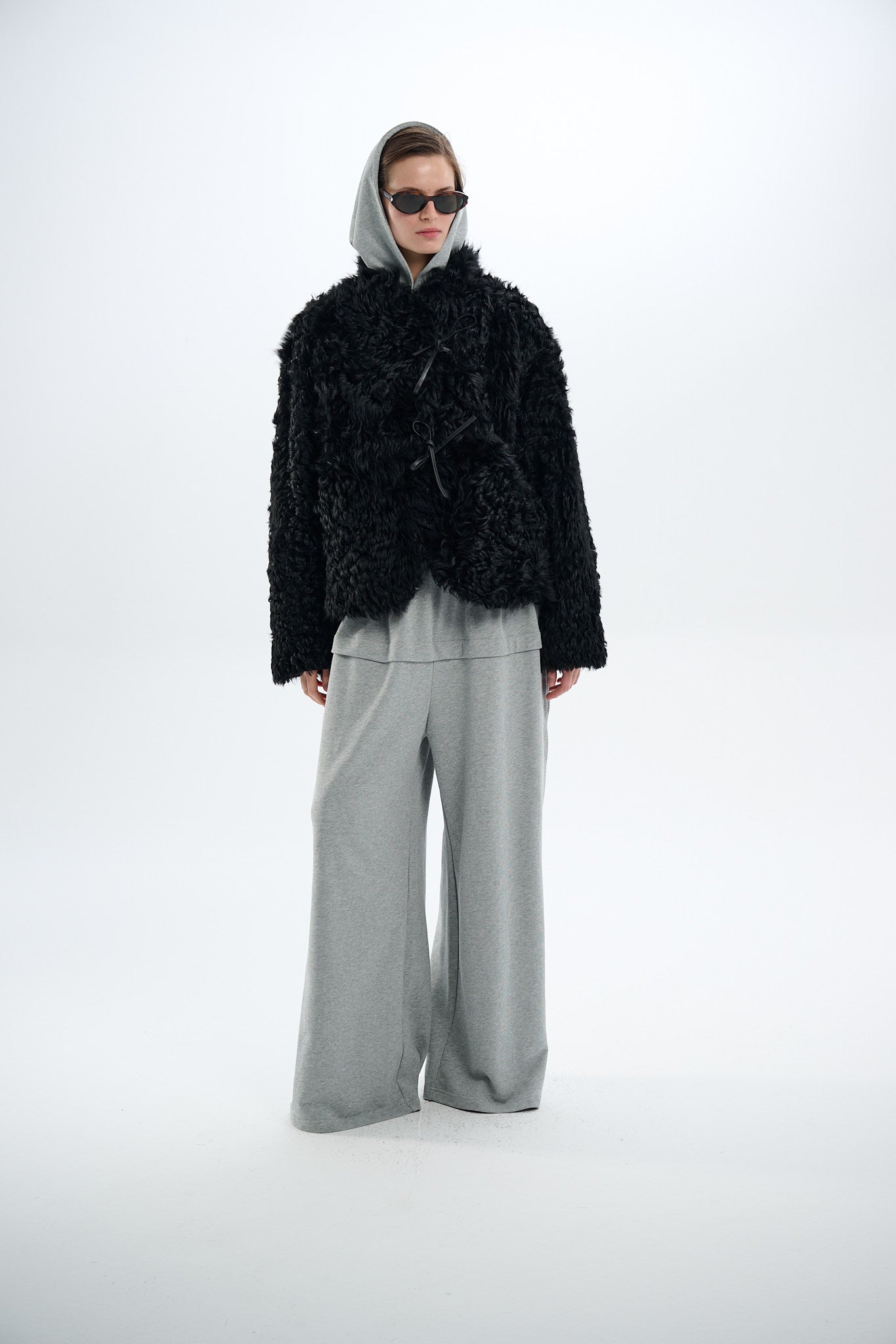 Shearling Reversible Black Jacket with Strings 60 cm