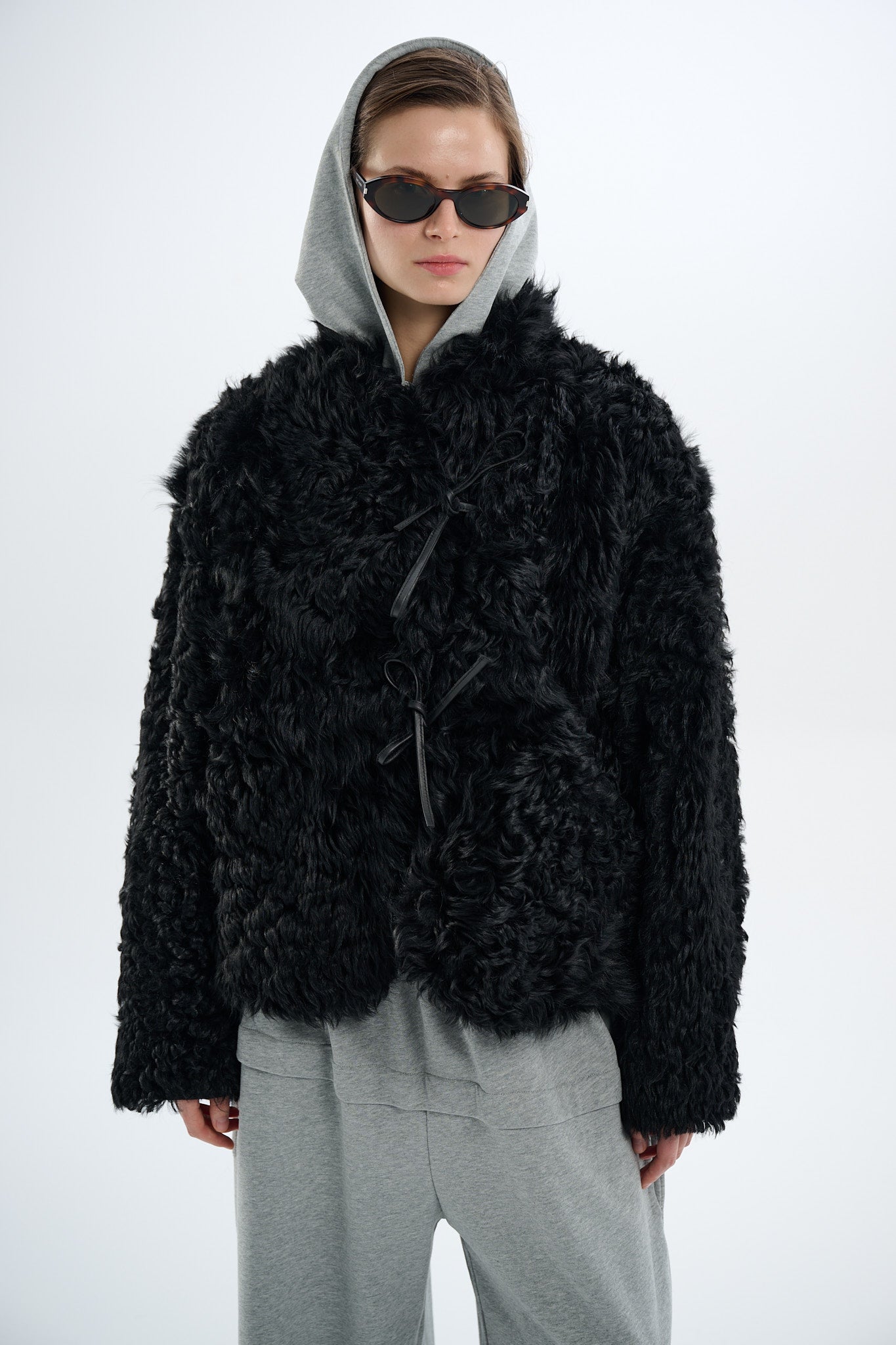 Shearling Reversible Black Jacket with Strings 60 cm