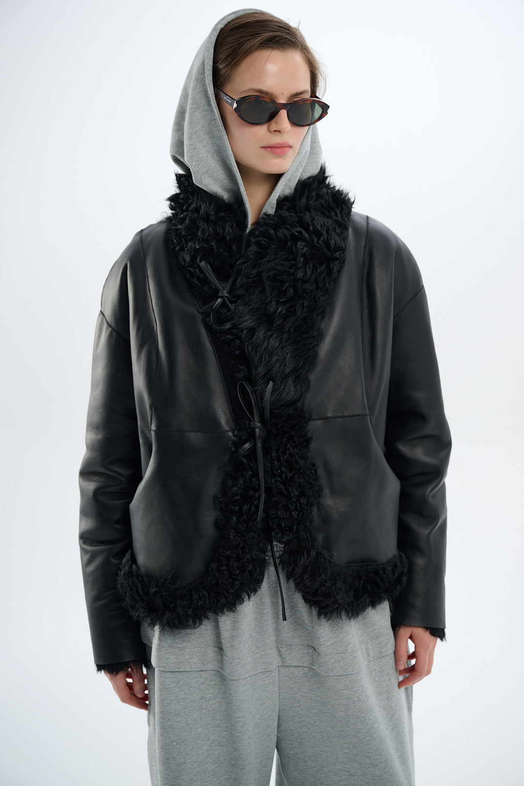 Shearling Reversible Black Jacket with Strings 60 cm