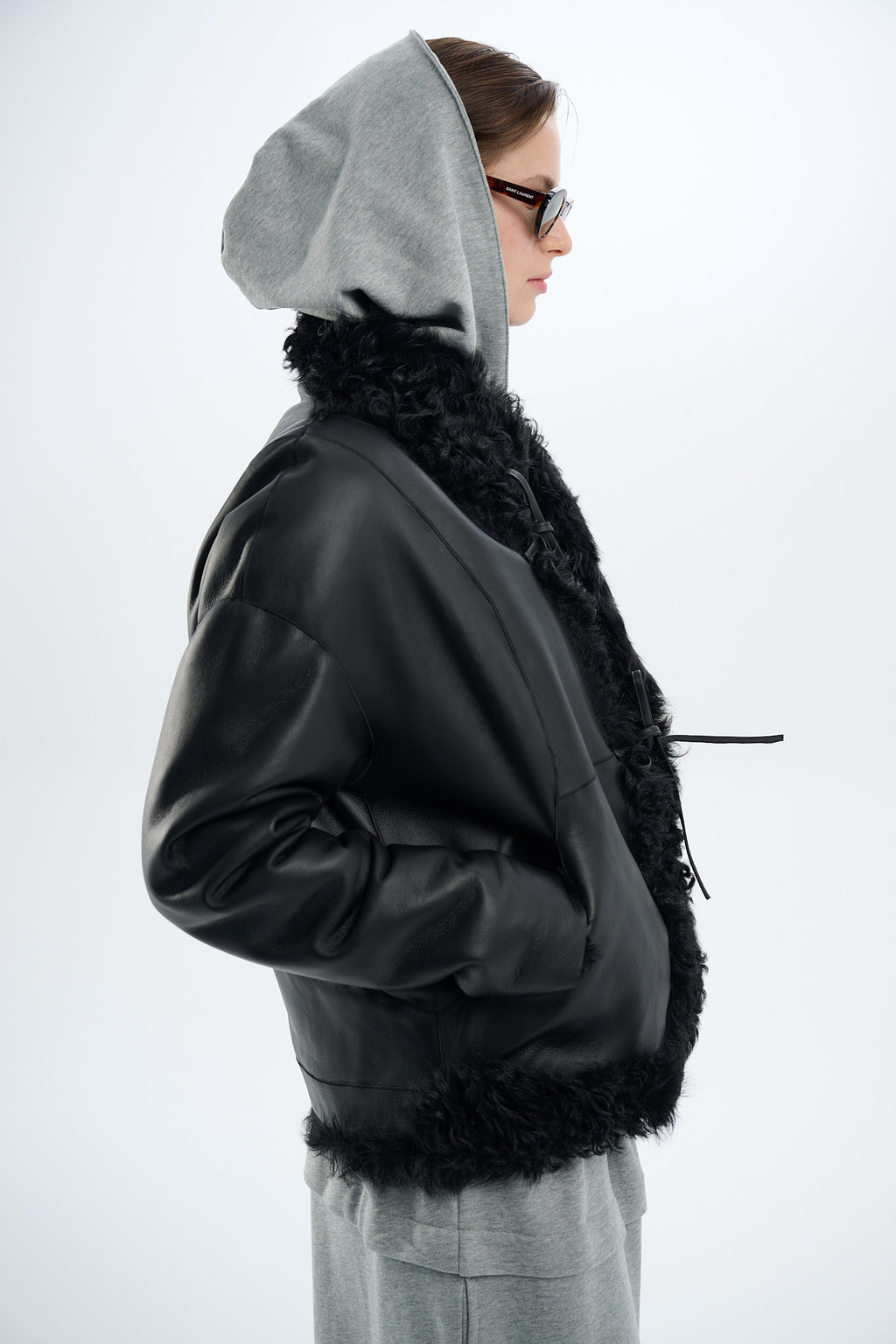Shearling Reversible Black Jacket with Strings 60 cm