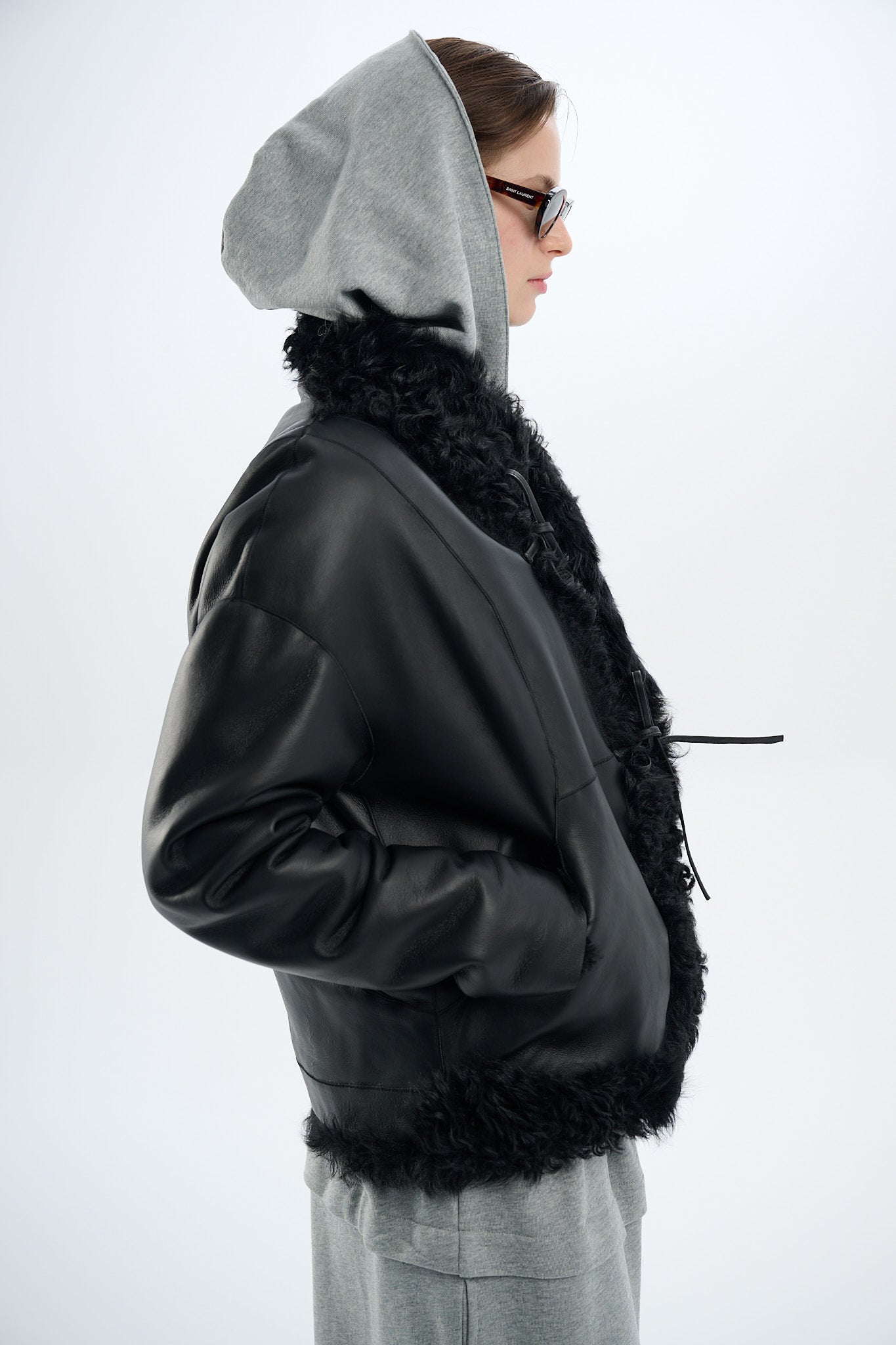 Shearling Reversible Black Jacket with Strings 60 cm