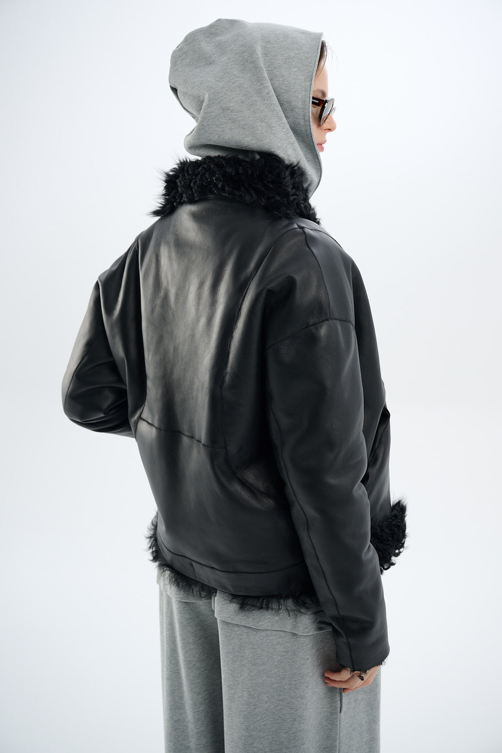 Shearling Reversible Black Jacket with Strings 60 cm