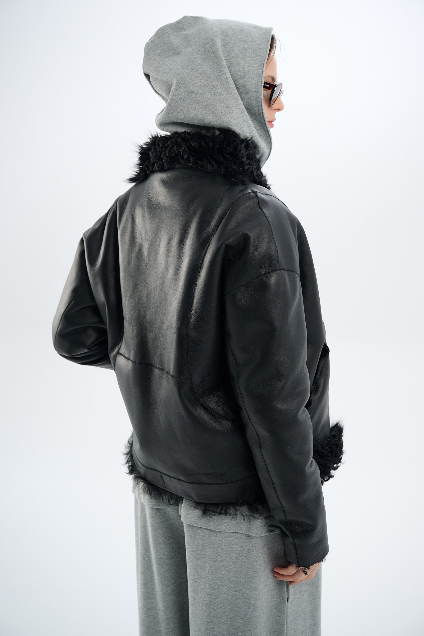 Shearling Reversible Black Jacket with Strings 60 cm