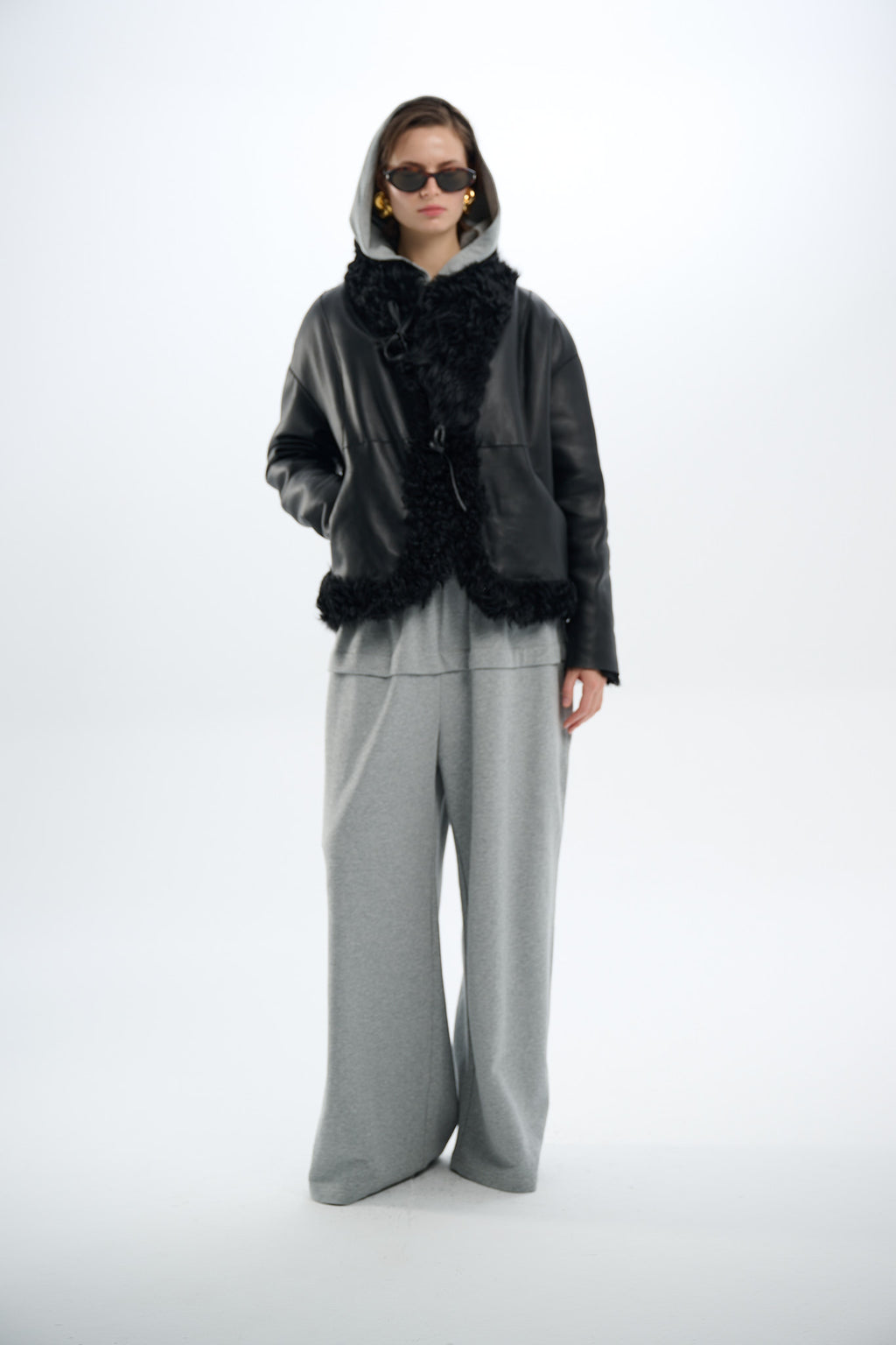 Shearling Reversible Black Jacket with Strings 60 cm
