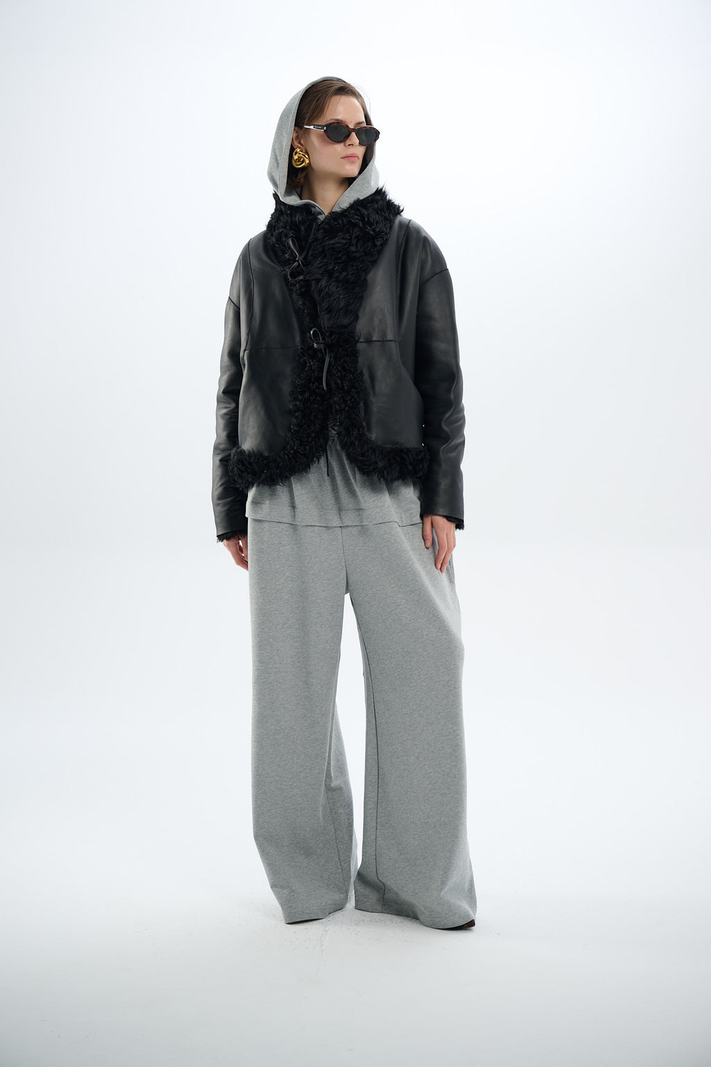 Shearling Reversible Black Jacket with Strings 60 cm