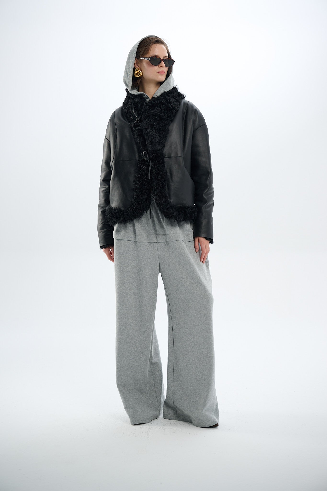 Shearling Reversible Black Jacket with Strings 60 cm