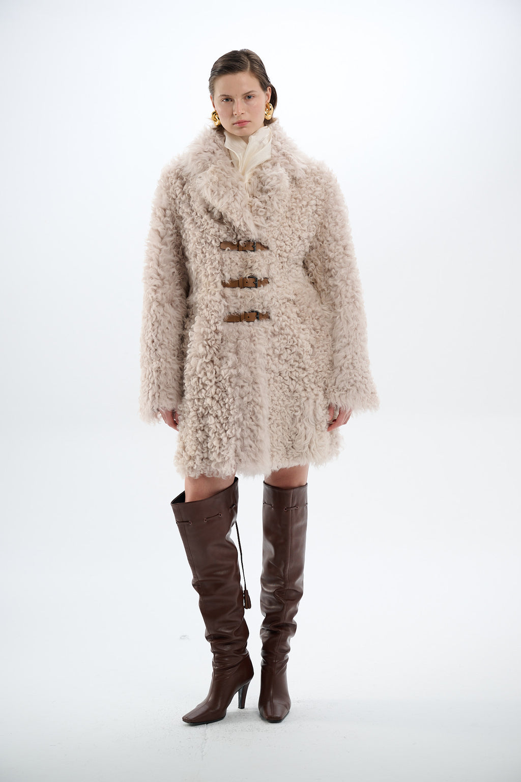 Shearling Beige Reversible 2-Side Coat with Belts 100 cm