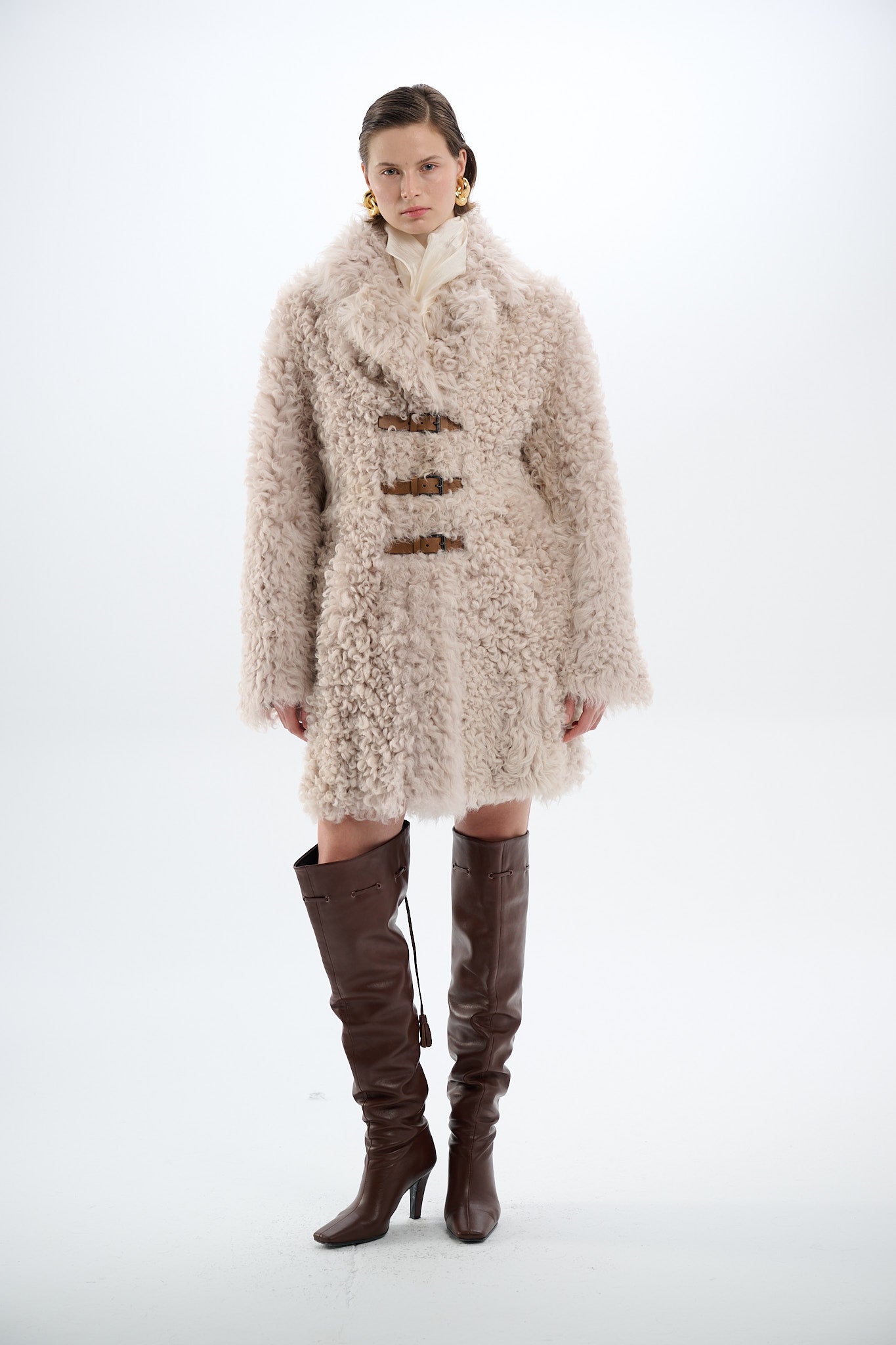 Shearling Beige Reversible 2-Side Coat with Belts 100 cm