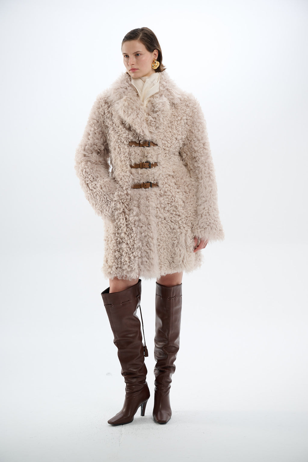 Shearling Beige Reversible 2-Side Coat with Belts 100 cm