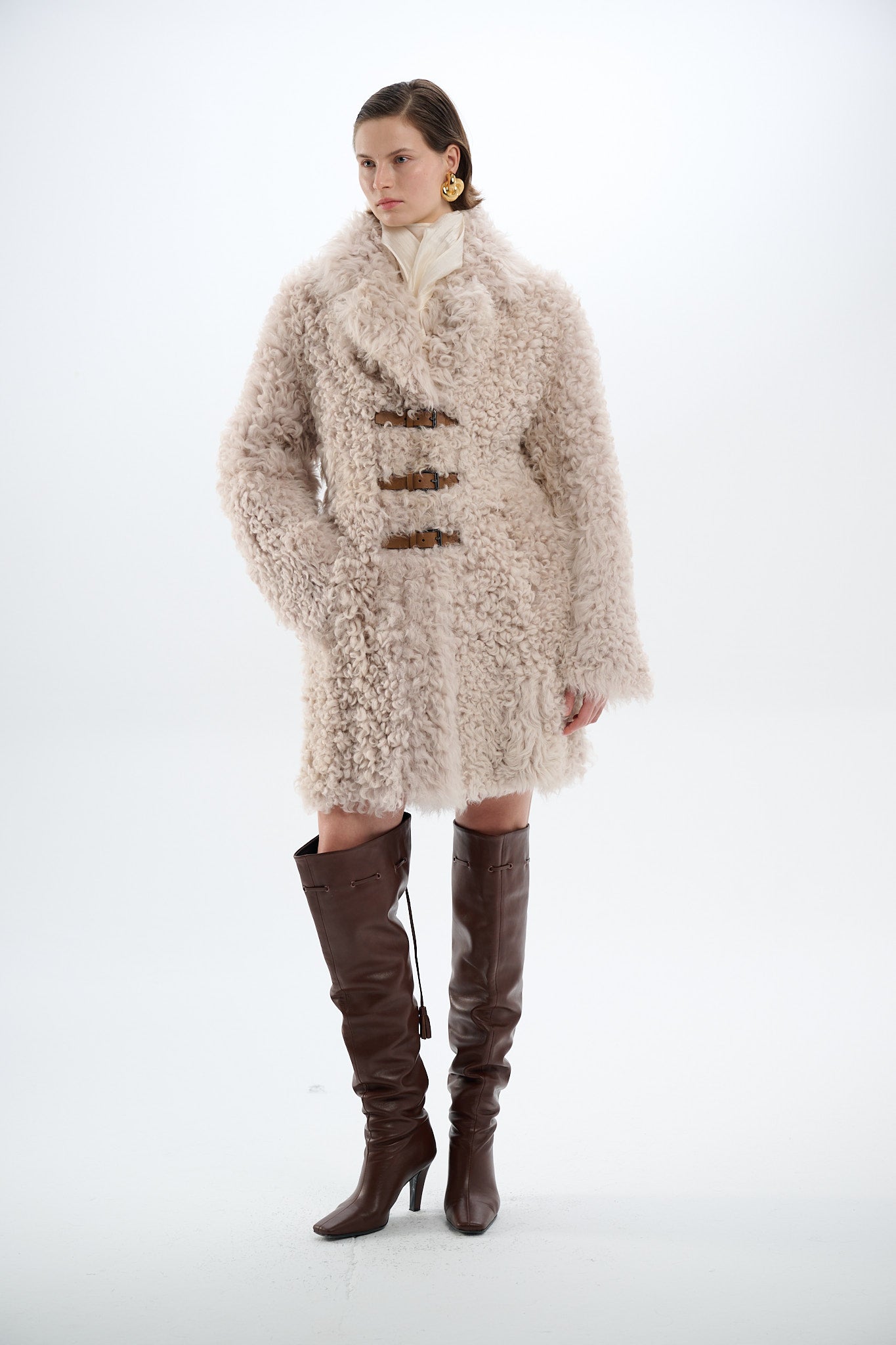 Shearling Beige Reversible 2-Side Coat with Belts 100 cm