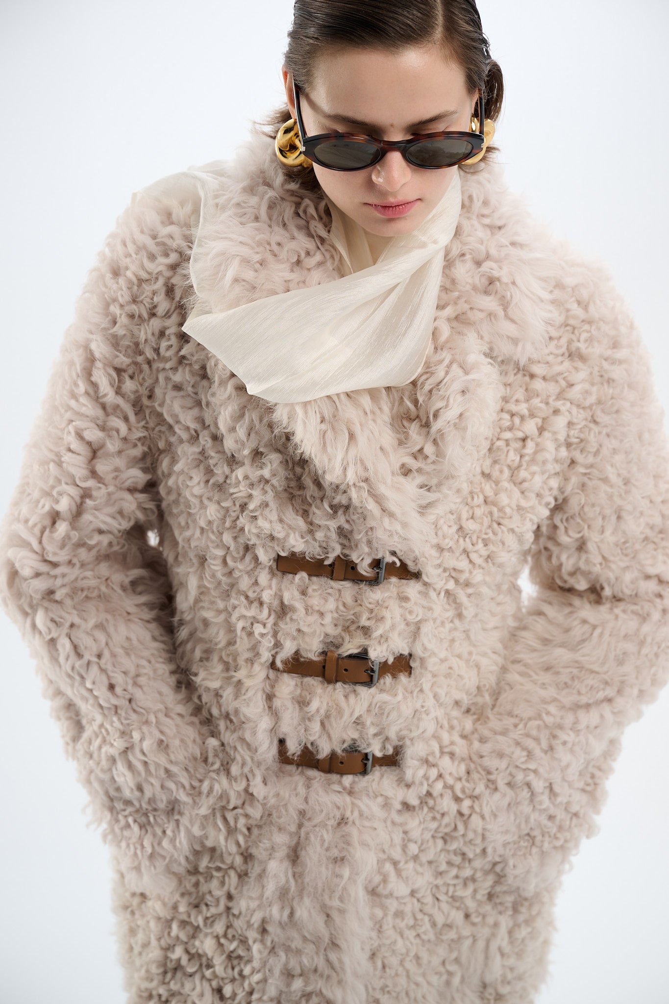 Shearling Beige Reversible 2-Side Coat with Belts 100 cm