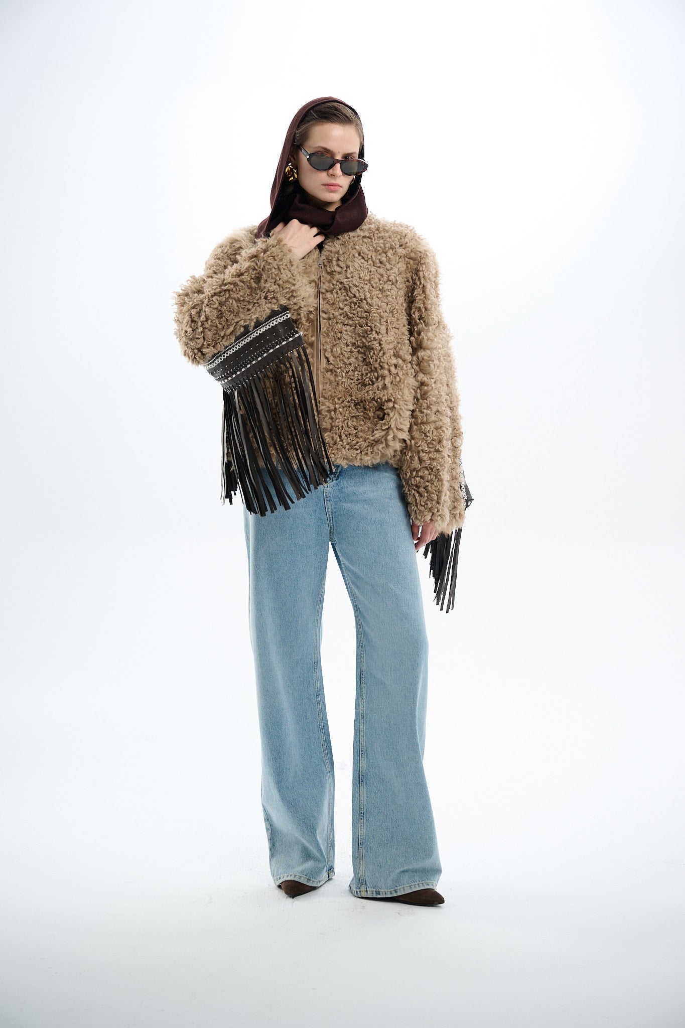 Shearling Reversible Beige Jacket with Detachable Fringes 60 cm