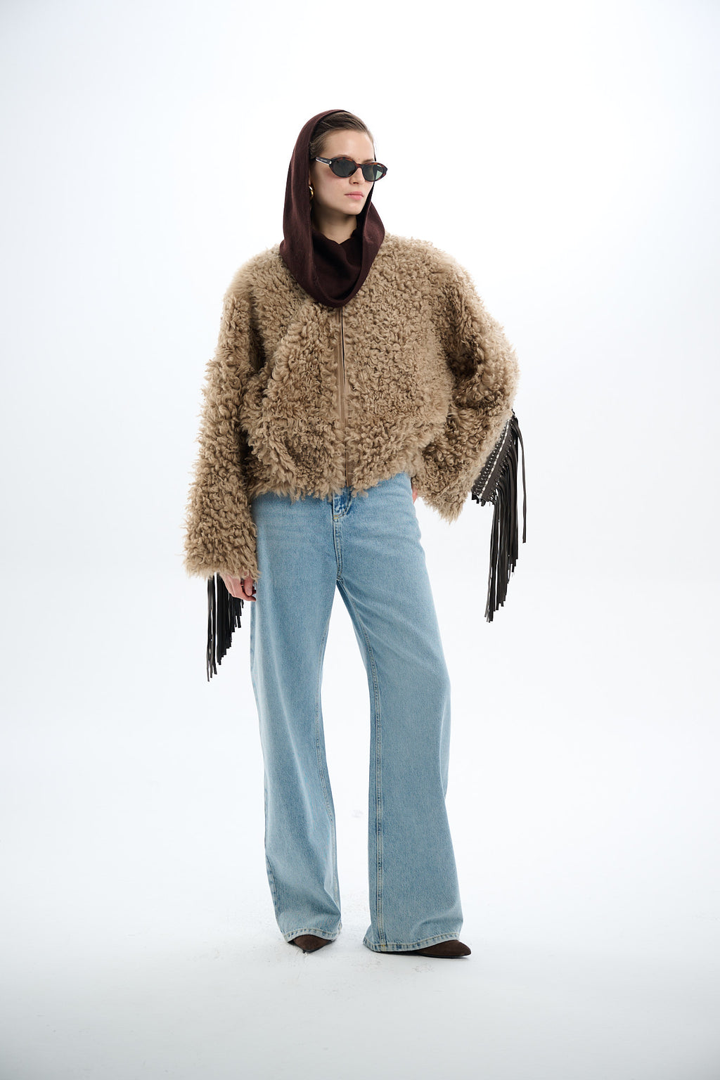 Shearling Reversible Beige Jacket with Detachable Fringes 60 cm