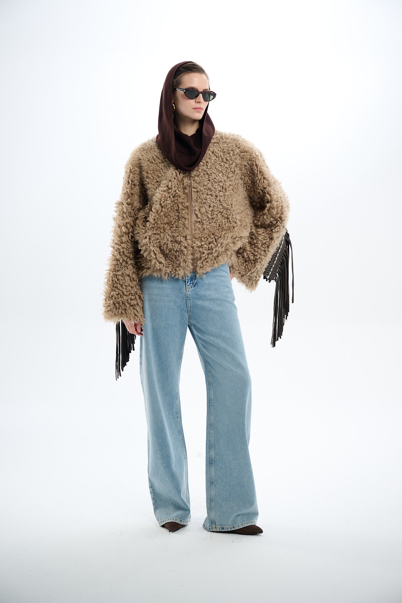 Shearling Reversible Beige Jacket with Detachable Fringes 60 cm