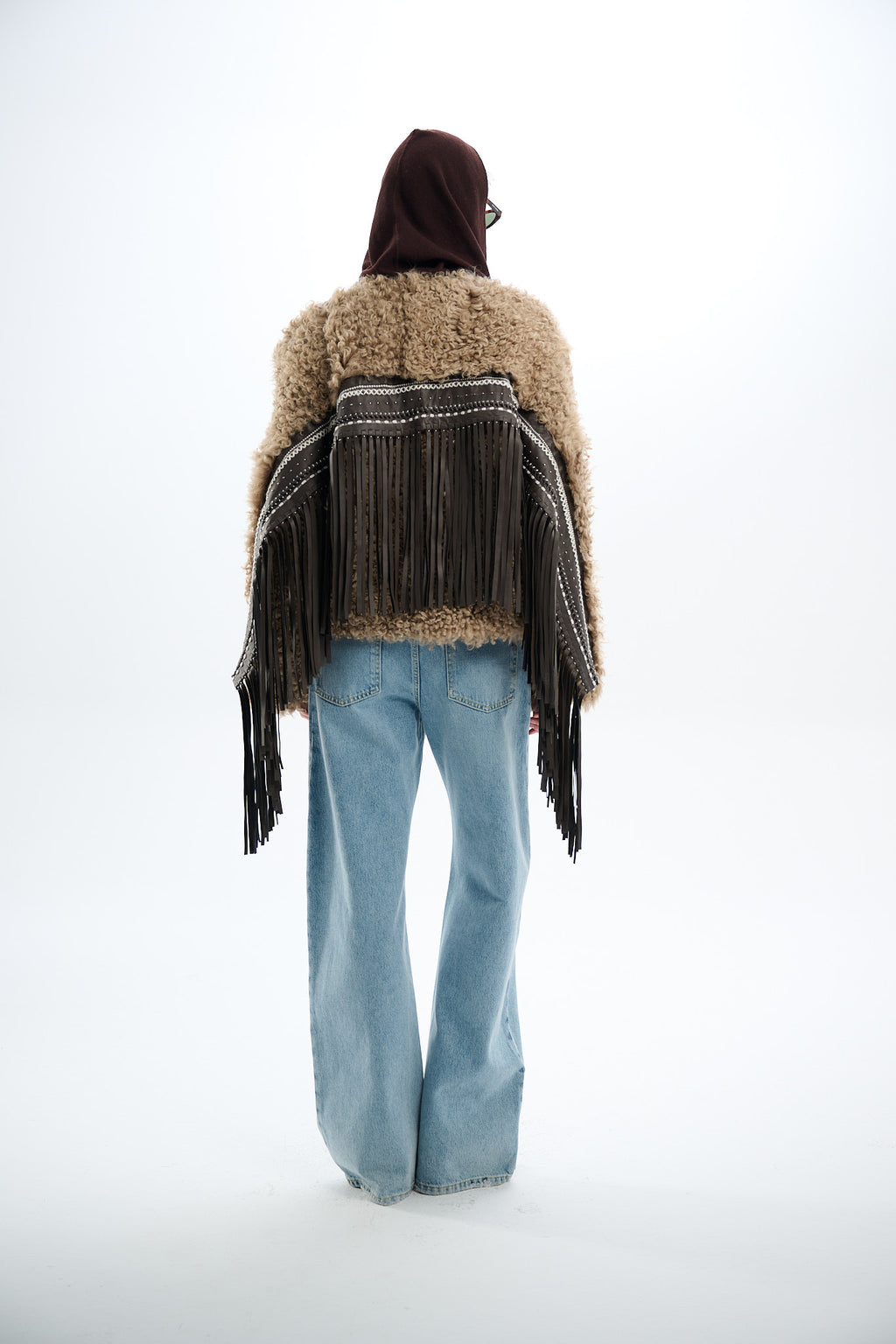 Shearling Reversible Beige Jacket with Detachable Fringes 60 cm