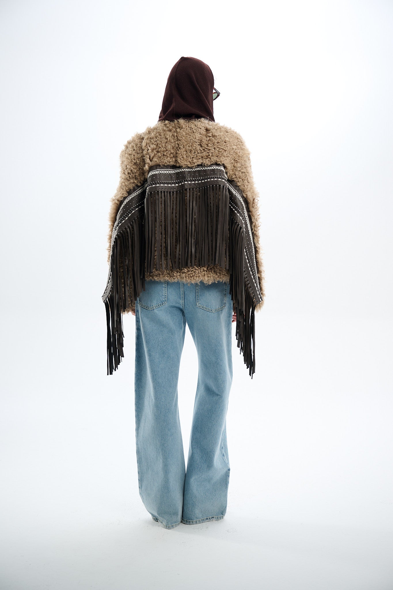 Shearling Reversible Beige Jacket with Detachable Fringes 60 cm