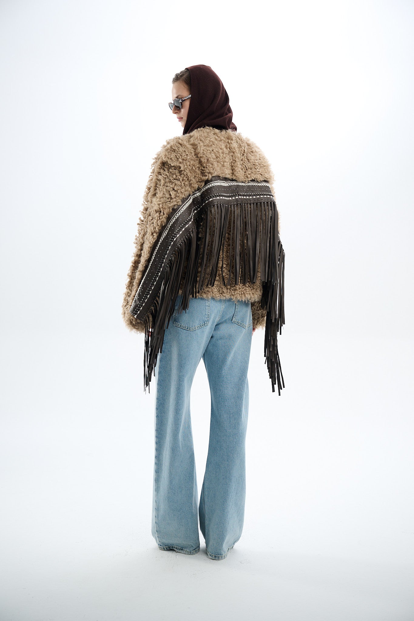 Shearling Reversible Beige Jacket with Detachable Fringes 60 cm