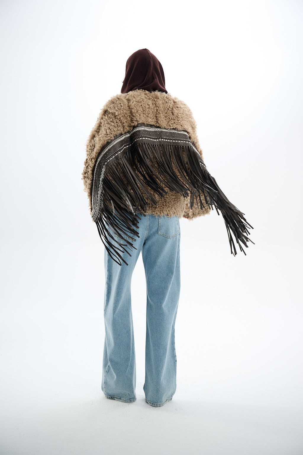 Shearling Reversible Beige Jacket with Detachable Fringes 60 cm
