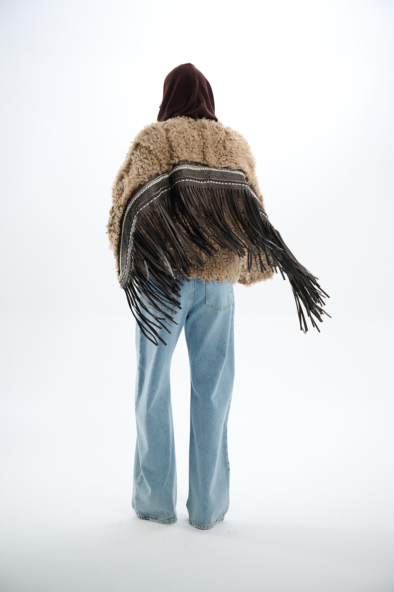 Shearling Reversible Beige Jacket with Detachable Fringes 60 cm