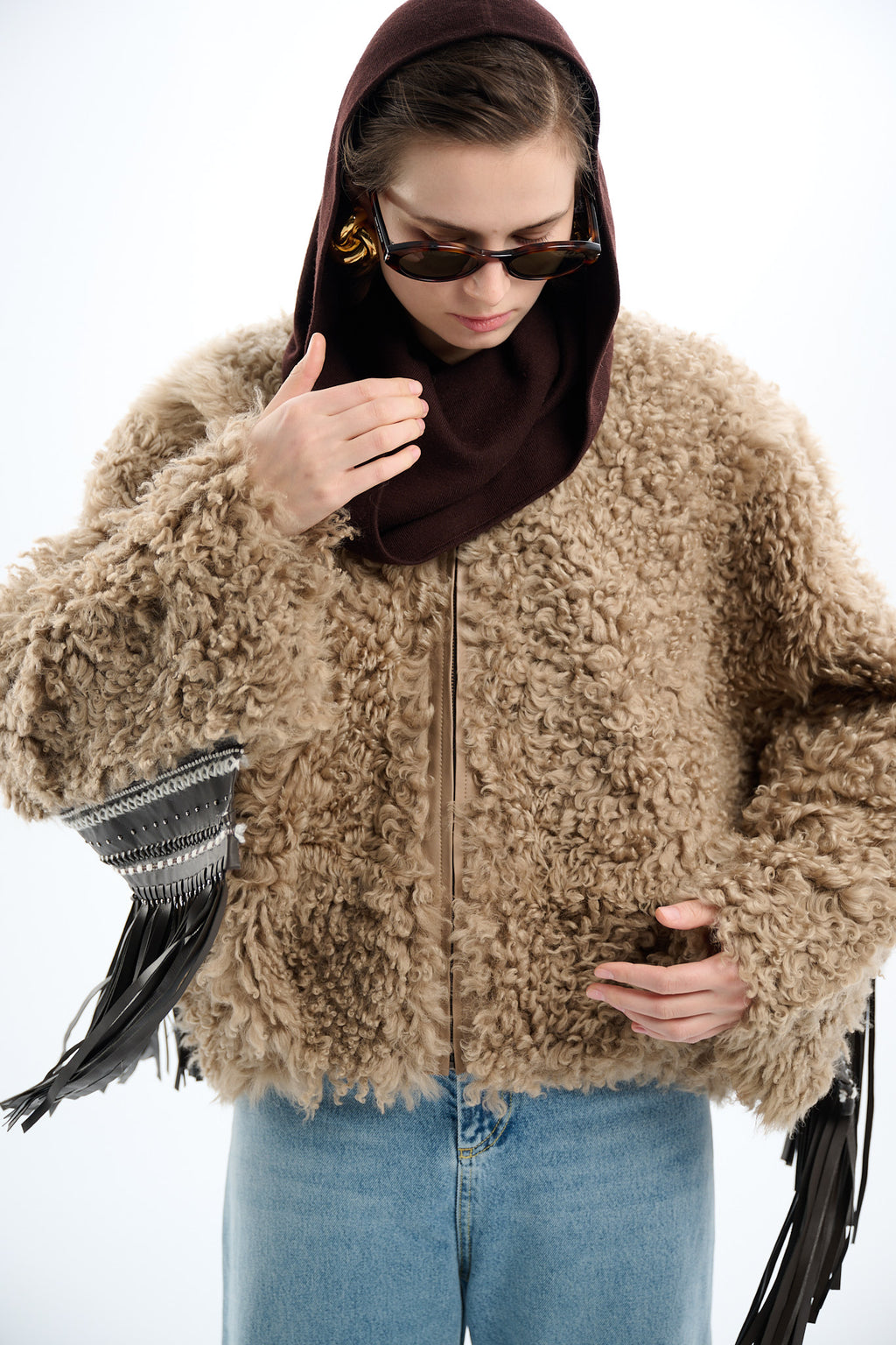 Shearling Reversible Beige Jacket with Detachable Fringes 60 cm